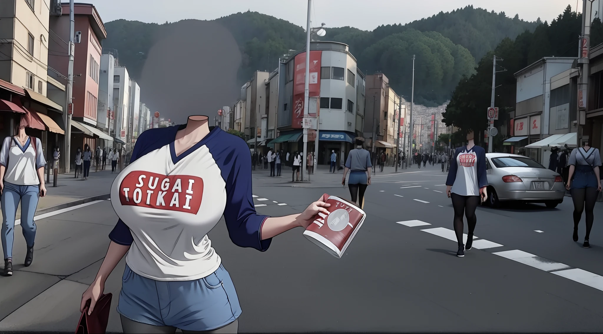 Headless, Anime style, Best Quality, UH1,Solo, 1girl in, Shirt, raglan sleeves, Roman text, clothes writing, Long sleeves, (denim short pants), (Grey pantyhose), Japan city background, shopping, huge tit, Waving, Upper body