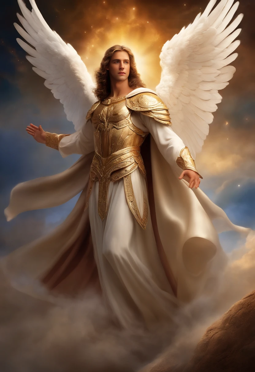 um personagem masculino, anjo olhos vermelhos e um sorriso debochado , imagem celestial, detalhes intricados, realista, asas ROSAS e grandes, fundo angelical, l, Male character of the Bible, Michael is wearing his angelic armor, cosmic background, Illumination in the Archangel and in the background, imagem do corpo todo do anjo, Maximum detail and his angelic face and wings, pele perfeita realista, Maximum image quality, Miguel ele esta destacado na imagem com cores fortes e chamativas.