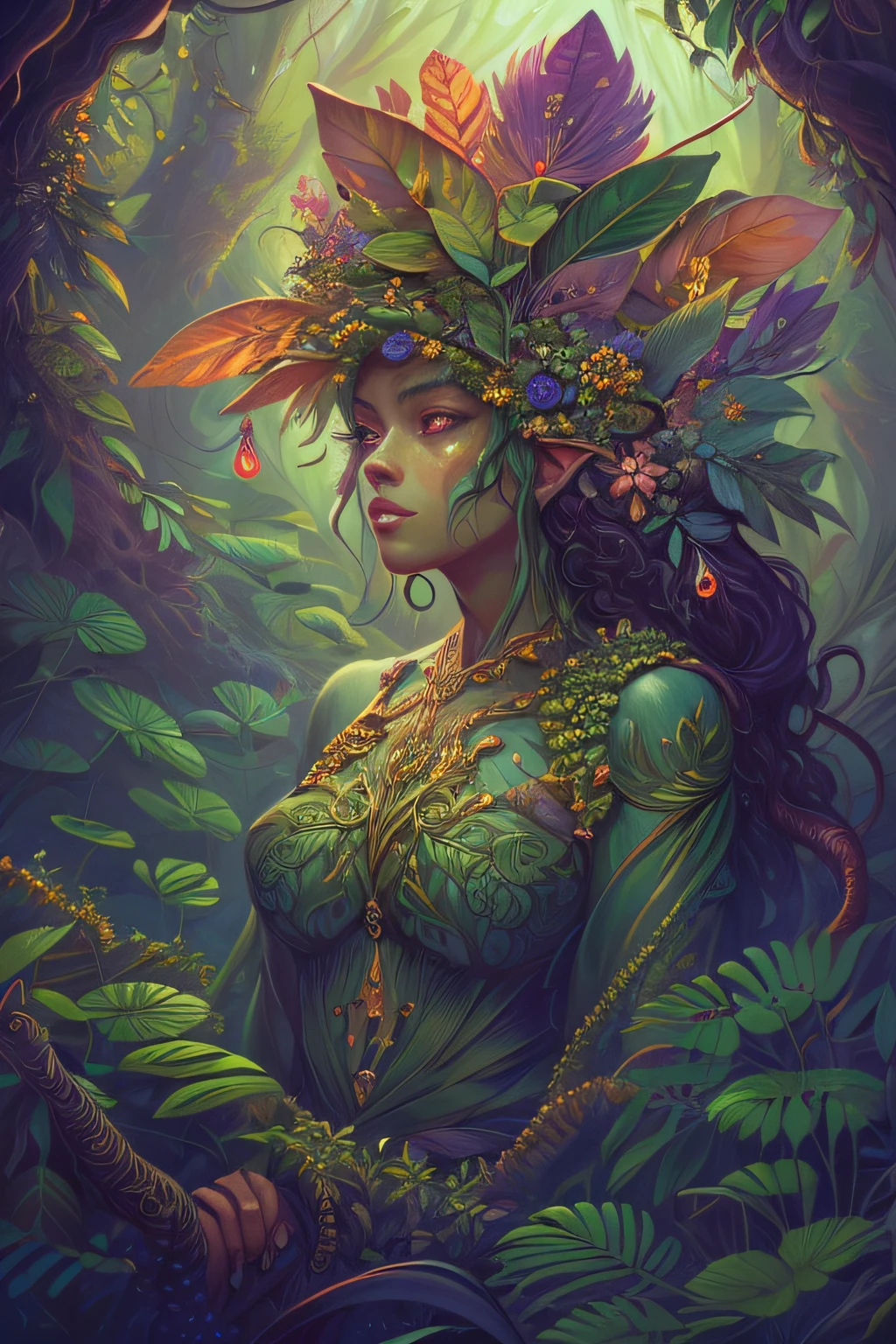 Amazing anatomy, (Elfo da floresta feminina bonita), floresta Amazonica, fundo da floresta, (Viscoso, Organic, Brilhante, bio-luminescence), (64k ultra hd |:1.1), (Arte por Apterus, Arte por Dan Mumford, arte por lovecraft:1.2), best quality, CGSetnation, trending on ArtStation.