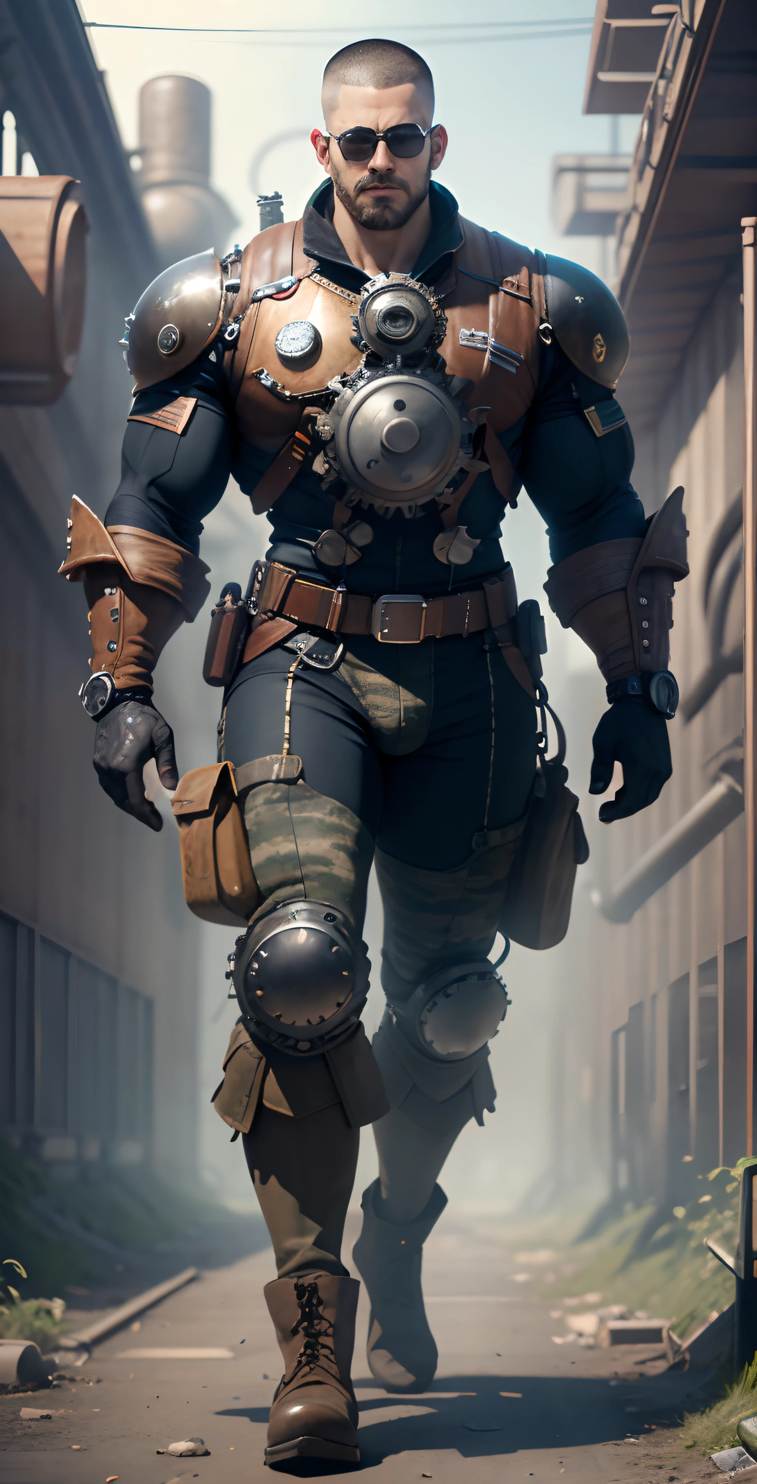 Male in the Heath, tall burly, dark black tights, big muscles, big bumps, Buzz cut, black sunglasses, black military boots, buzz cut, steampunk style, steampunk art, complex mechanical devices such as gears, pipes, valves, (huge industrial building: 1.4), gray theme, retro futurism, crazy details, (Fujiflim XT3), 20 megapixels, detailed, cinematic particles,