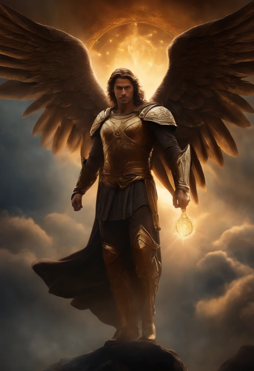 um personagem masculino, anjo olhos vermelhos e um sorriso debochado , imagem celestial, detalhes intricados, realista, asas PRETAS e grandes, fundo angelical, l, Male character of the Bible, Michael is wearing his dark armor , cosmic background, Illumination in the Archangel and in the background, imagem do corpo todo do anjo, Maximum detail and his diabolical face and wings, pele perfeita realista, Maximum image quality,fortes e chamativas. lucifie antes de ser demonio