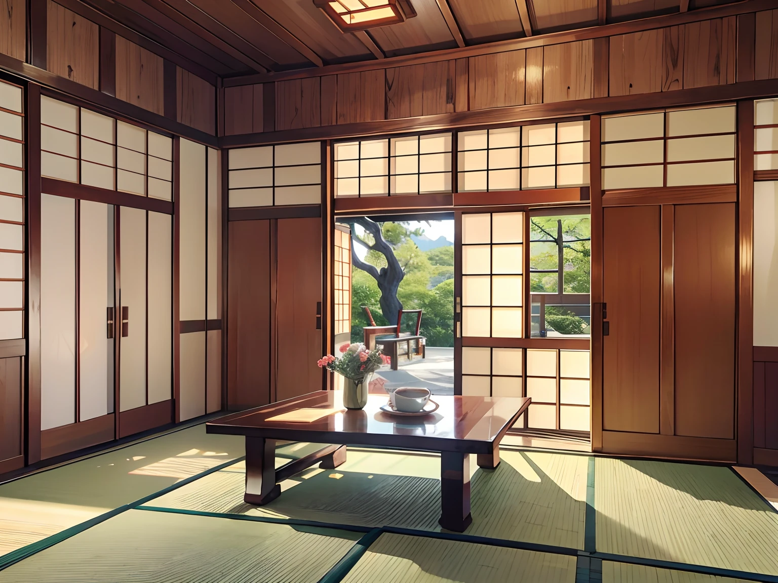 Japanese Interior Decoration, Traditional Japanese appearance, design ambiental, home decor, Casa Japonesa, Sala de estar, melhor qualidade de imagem, 8k, ultra-detalhado, realistic lighting, vivid colors, marcenaria requintada, Delicadas portas de correr, Tapetes de tatame, atmosfera serena, design minimalista, Tecidos Shoji, natural lighting, vista tranquila do jardim, harmonious arrangement of furniture