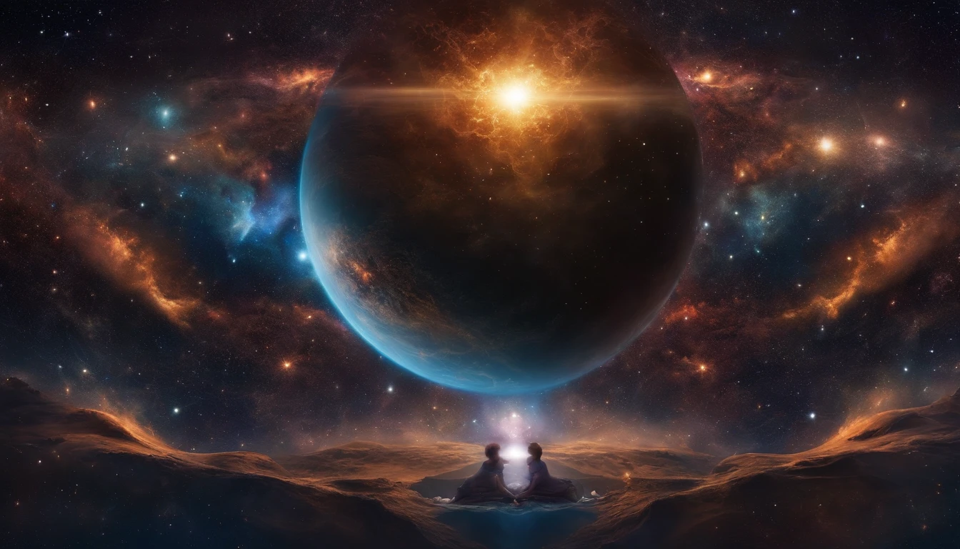 Someone connected with the universe.
Create an image of an individual deeply connected with the universe, surrounded by cosmic elements that convey a sense of cosmic unity