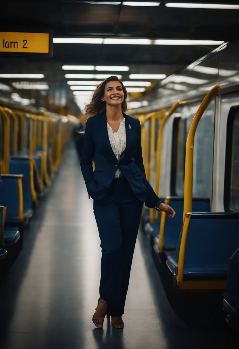mulher perfeita um metro e setenta de altura linda cabelos longos e pretos, dressed in navy blue pants and blaser, sandalha cor prata, sorridente