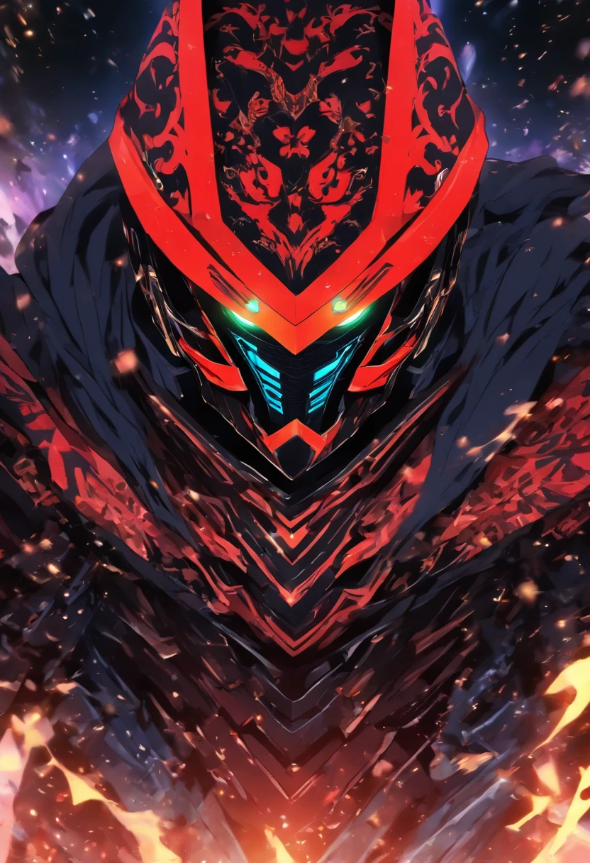 {{{tmasterpiece}}},{{{HighestQuali}}},{{{A high resolution}}},{{{Highest image quality}}},miura kentaro style,Slim black armor,Wild full-coverage helmet,There is a blood-red light in the gap between the helmet,Huge cape,Wild colors