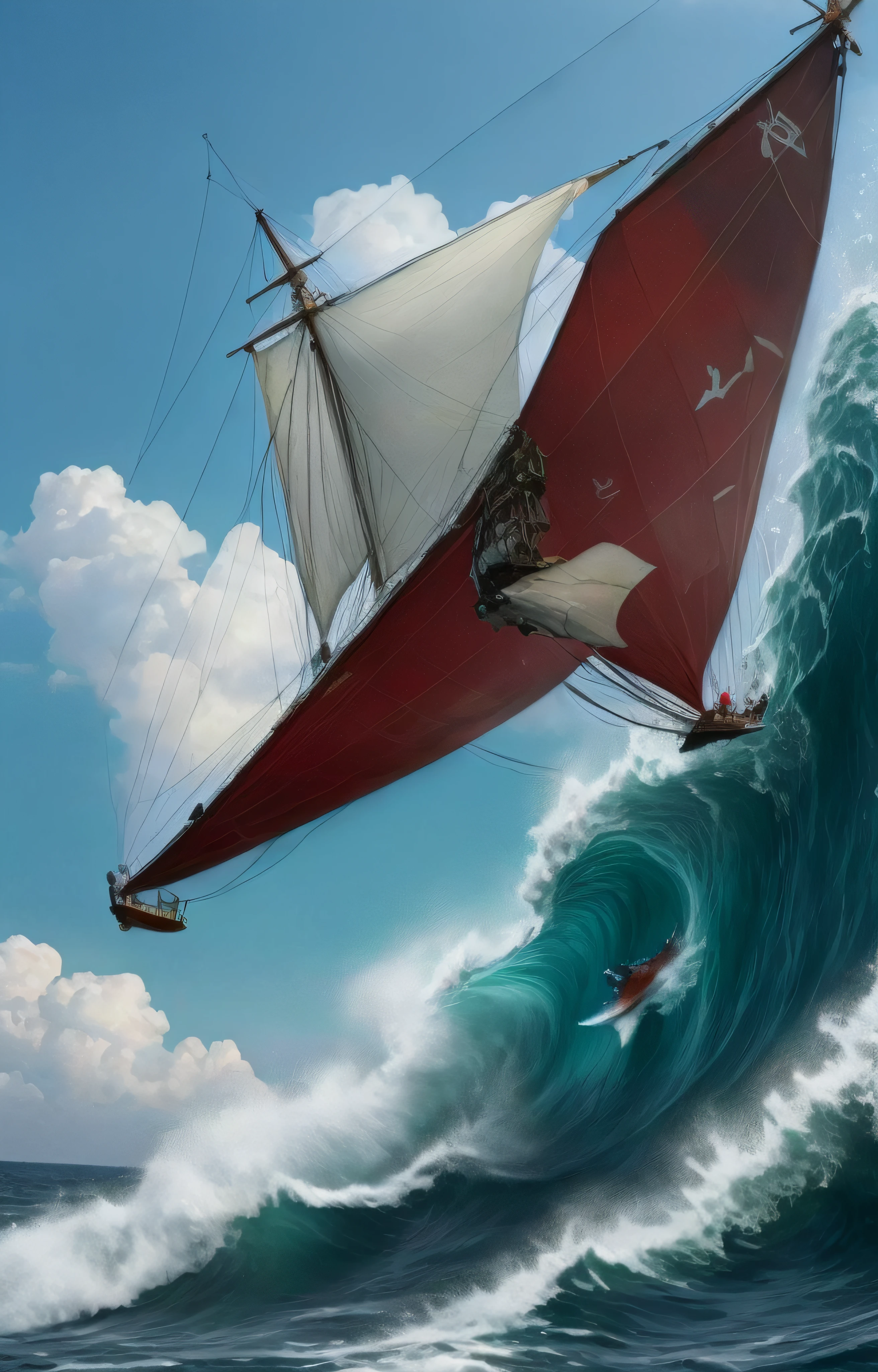 Super velero futurista de casco rojo con muchas velas volando entre las nubes multicolores y mientras abajo en un mar muy agitado enormes olas amenazantes chocan contra los acantilados