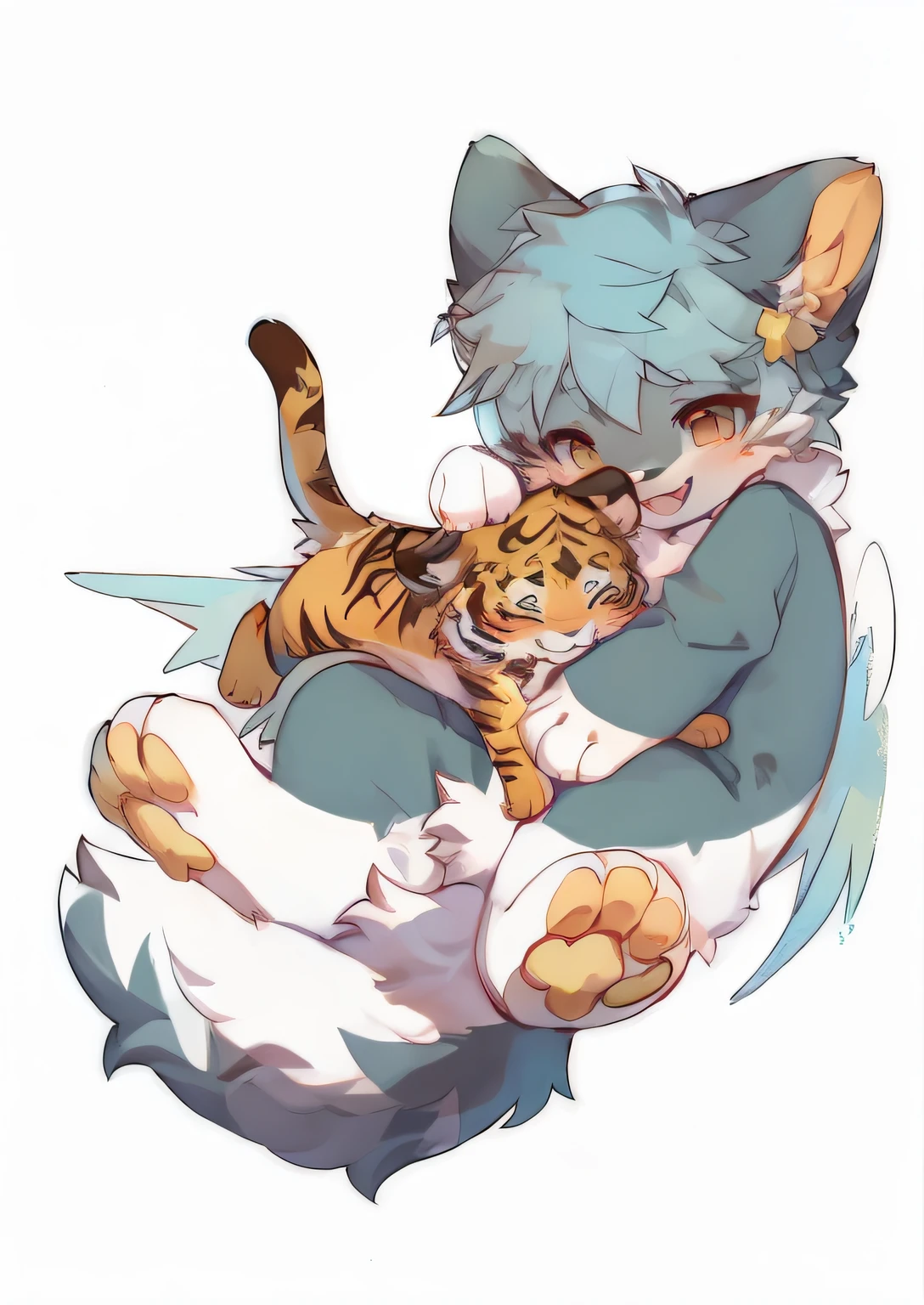 anime character of a cat hugging a cat with a cat's paw, cuddly, furry art!!!, highres, very very beautiful furry art, fluffy!!!, commission for high res, sfw version, hugging, hug, fullbody commission for, cuddly fur, cute artwork, commission on furaffinity, ((tiger)), very cute, sweet hugs