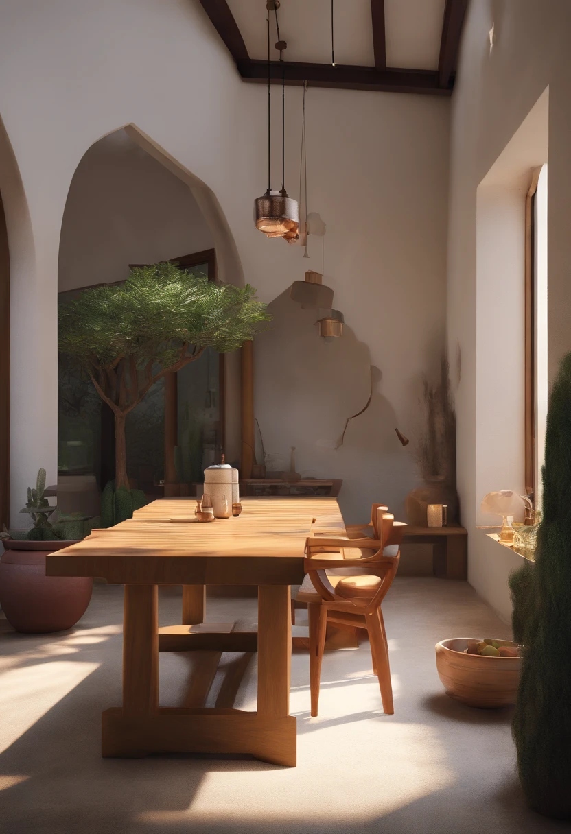 Realistic afternoon lighting, Iranian style, rendering in Unreal Engine 6, 3 d stylize scene, rendered in 3dsmax, vray tracing, Beautiful rendering of the Tang Dynasty, 3D Unreal Engine rendering, 3D Unreal Engine rendering, rendered in unreal engine 4 k hqThree-dimensional texture，3DMAX，tea set,Tea table,Positive viewing angle，desk，Solid color lanterns, Iranian cutlery