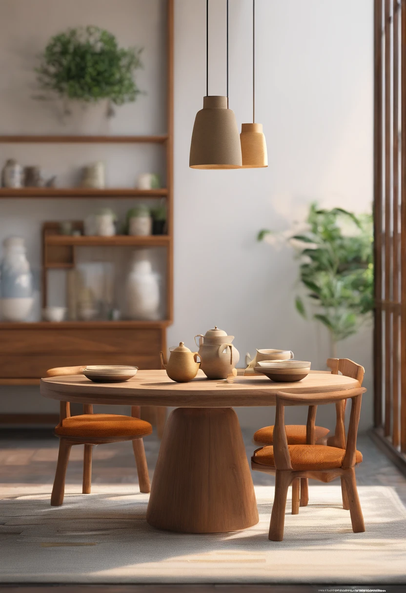Realistic afternoon lighting, Iranian style, rendering in Unreal Engine 6, 3 d stylize scene, rendered in 3dsmax, vray tracing, Beautiful rendering of the Tang Dynasty, 3D Unreal Engine rendering, 3D Unreal Engine rendering, rendered in unreal engine 4 k hqThree-dimensional texture，3DMAX，tea set,Tea table,Positive viewing angle，desk，Solid color lanterns, Iranian cutlery