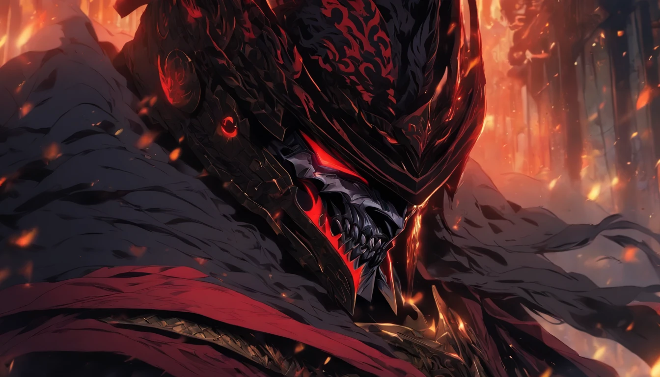 {{{tmasterpiece}}}，{{{HighestQuali}}}，{{{A high resolution}}}，{{{Highest image quality}}},miura kentaro style,Slim black armor,Wild full-coverage helmet，There is a blood-red light in the gap between the helmet,Huge cape,Wild colors，Western fantasy style，darkly