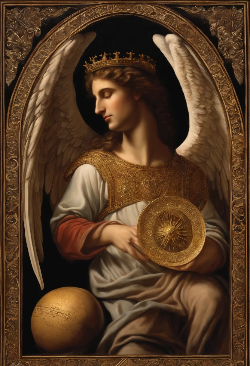 um personagem masculino, anjo olhos vermelhos e um sorriso debochado , imagem celestial, detalhes intricados, realista, asas PRETAS e grandes, fundo angelical, l, Male character of the Bible, Michael is wearing his dark armor , cosmic background, Illumination in the Archangel and in the background, imagem do corpo todo do anjo, Maximum detail and his diabolical face and wings, pele perfeita realista, Maximum image quality,fortes e chamativas. lucifie antes de ser demonio, tocando um instrumento, yes is musician, has a huge harp in his hand