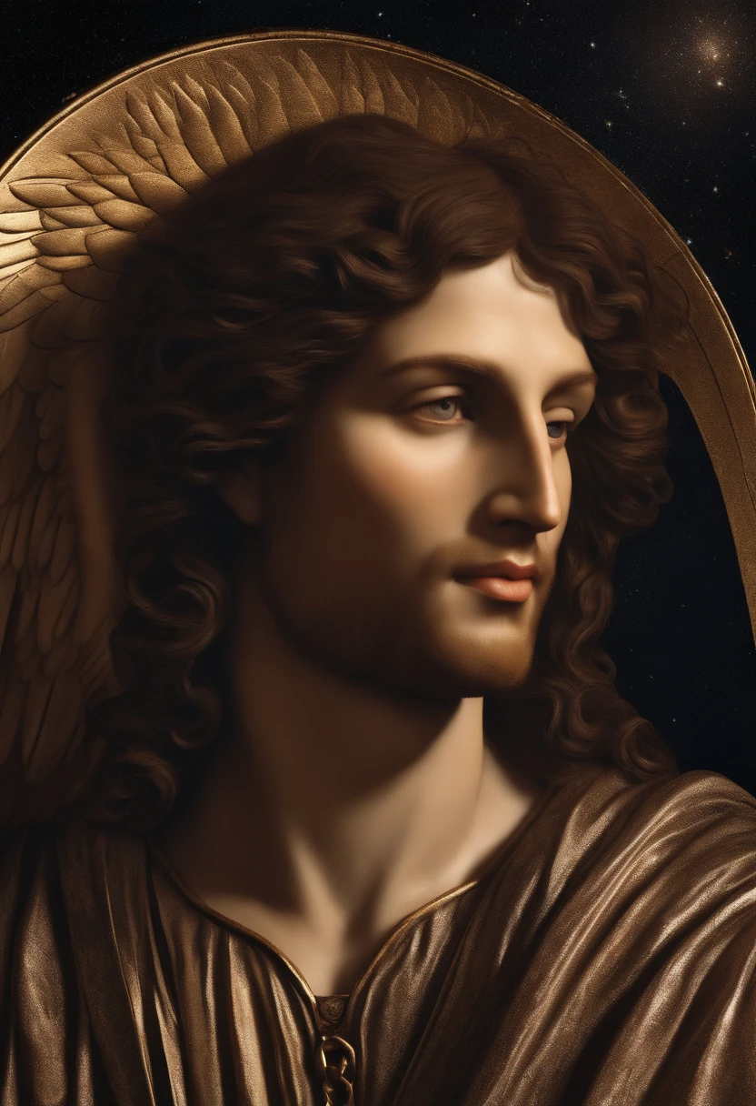 um personagem masculino, anjo olhos vermelhos e um sorriso debochado , imagem celestial, detalhes intricados, realista, asas PRETAS e grandes, fundo angelical, l, Male character of the Bible, Michael is wearing his dark armor , cosmic background, Illumination in the Archangel and in the background, imagem do corpo todo do anjo, Maximum detail and his diabolical face and wings, pele perfeita realista, Maximum image quality,fortes e chamativas. lucifie antes de ser demonio, tocando um instrumento, yes is musician, has a huge harp in his hand