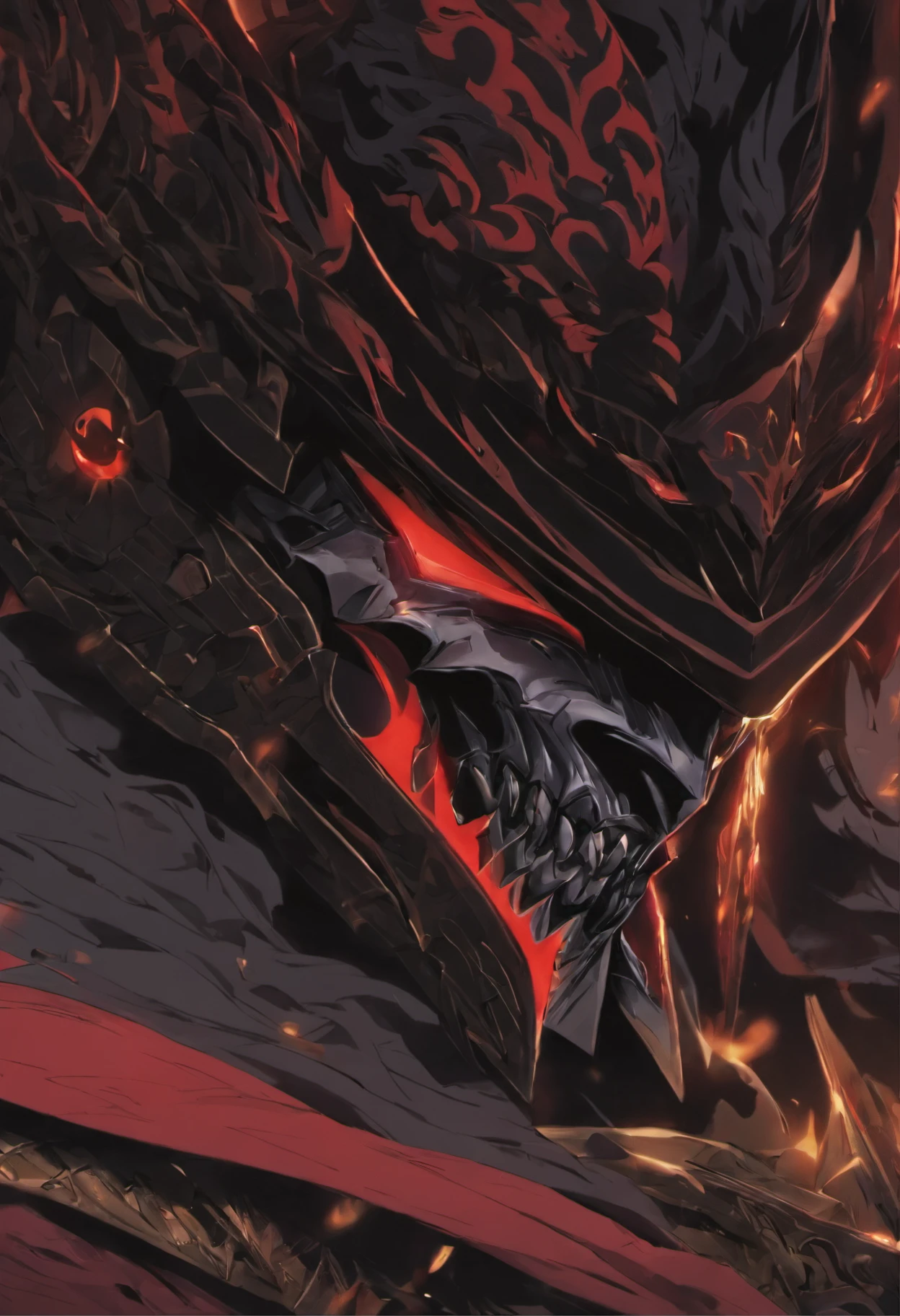 {{{tmasterpiece}}},{{{HighestQuali}}},{{{A high resolution}}},{{{Highest image quality}}},miura kentaro style,Slim black armor,Wild full-coverage helmet,There is a blood-red light in the gap between the helmet,Huge cape,Wild colors,Western fantasy style,darkly