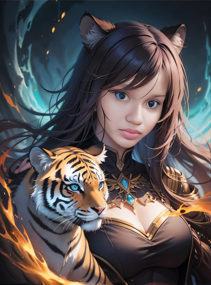 uma mulher com cabelos longos e um tigre no ombro, Ruan Jia e Artgerm, estilo de arte de fantasia, Artgerm e Ruan Jia, Epic fantasy art style, epic fantasy HD art style, Epic Fantasy Digital Art Style, Artgerm extremamente detalhado, Artgerm detalhado, Artgerm. anime illustration