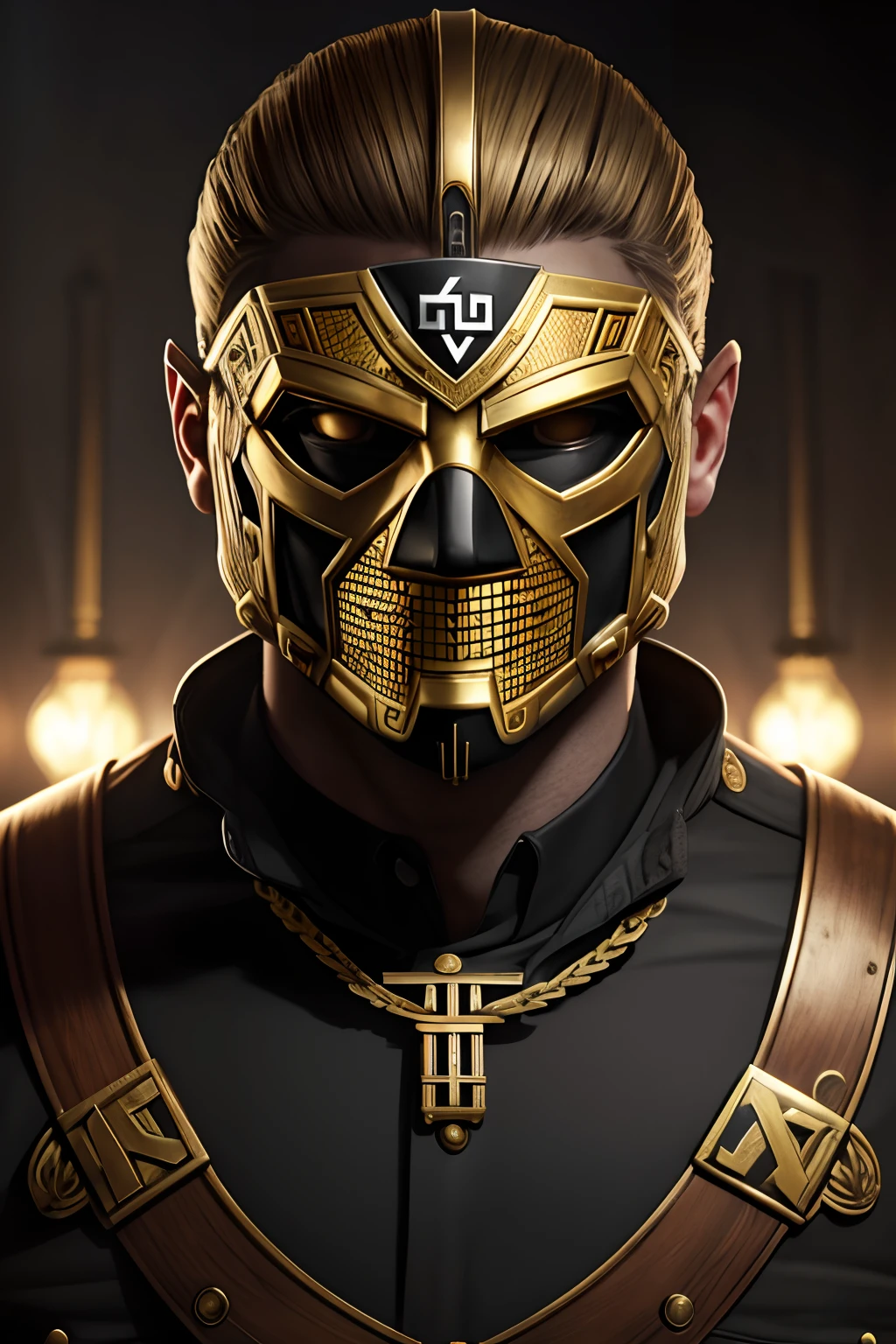 Nazi gold mask Mechanical design, hyperrealistic, photorealistic, highly detailed