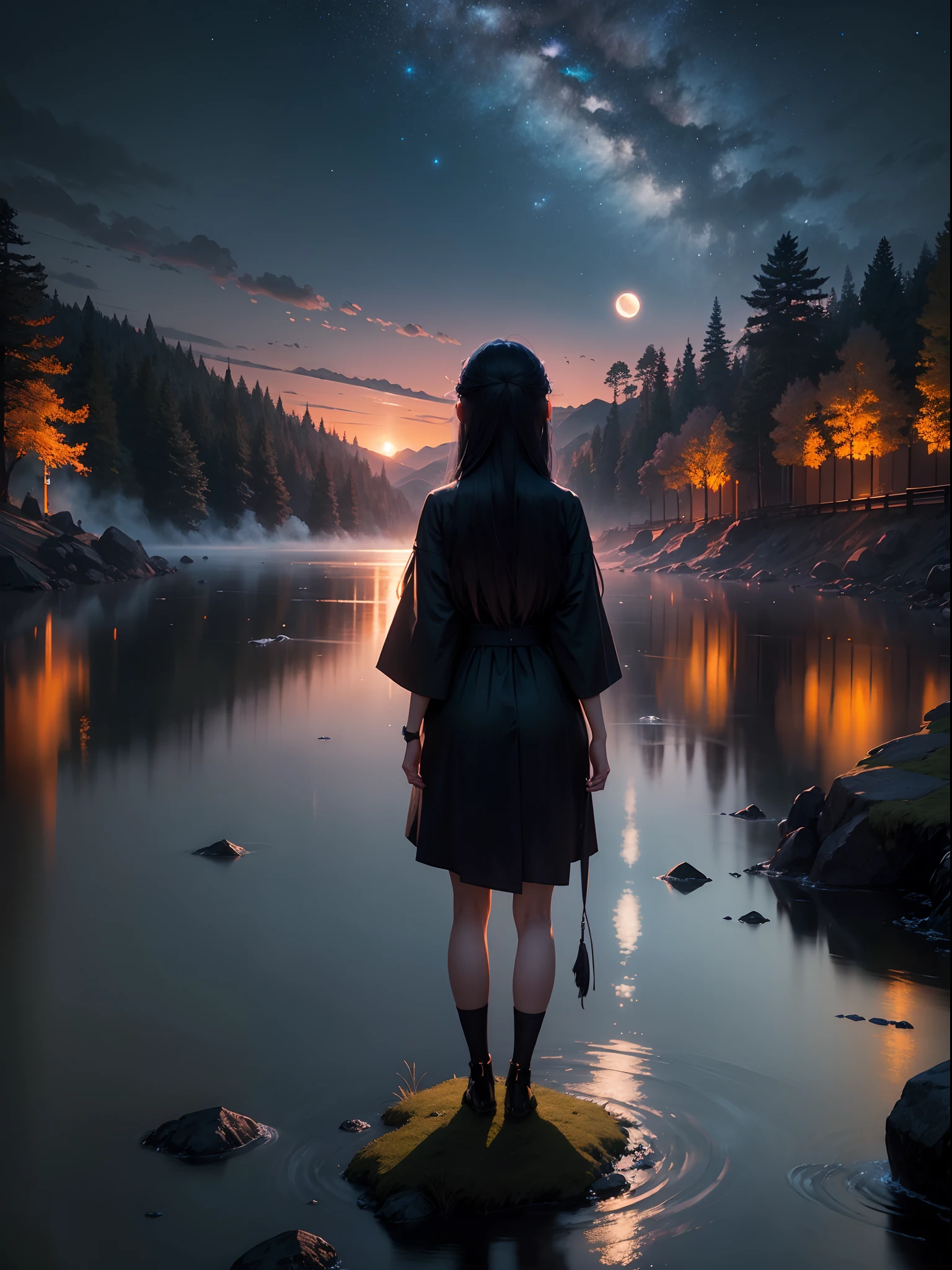 Landscape, City, Top quality masterpiece, deep focus, lots fireflies, lots lamp, big glow particle, anime, object, girl (girl standing a long masterpiece), girl standing at land, yellow and dark cerulean color combination, glow light, morning, night, house, water, reflection, beautiful anime scene, lots of stars, bigest moon, artwork in the style of guweiz, andreas rocha style, inspired by Andreas Rocha, japanese concept art, volumetric lighting, by Yang J, epic concept art. bokeh, trending on cgstation, anime beautiful peace scene, many lots of glow particle, lanscape, 8k beautiful night anime, intricate, elegant, point of interest photography, perfect night anime (masterpiece, sidelighting, finely detailed beautiful night lanscape), long hair, mountain, night sky, ray of light, rule of third photography, point of interest photography, perfect landscape color tone, cities background, river, leaf, falling leaf, grass, tree, moss, water, water reflection, dramatic shadow, tree rope, rock stone, Fog, Foggy, saturation glow light,