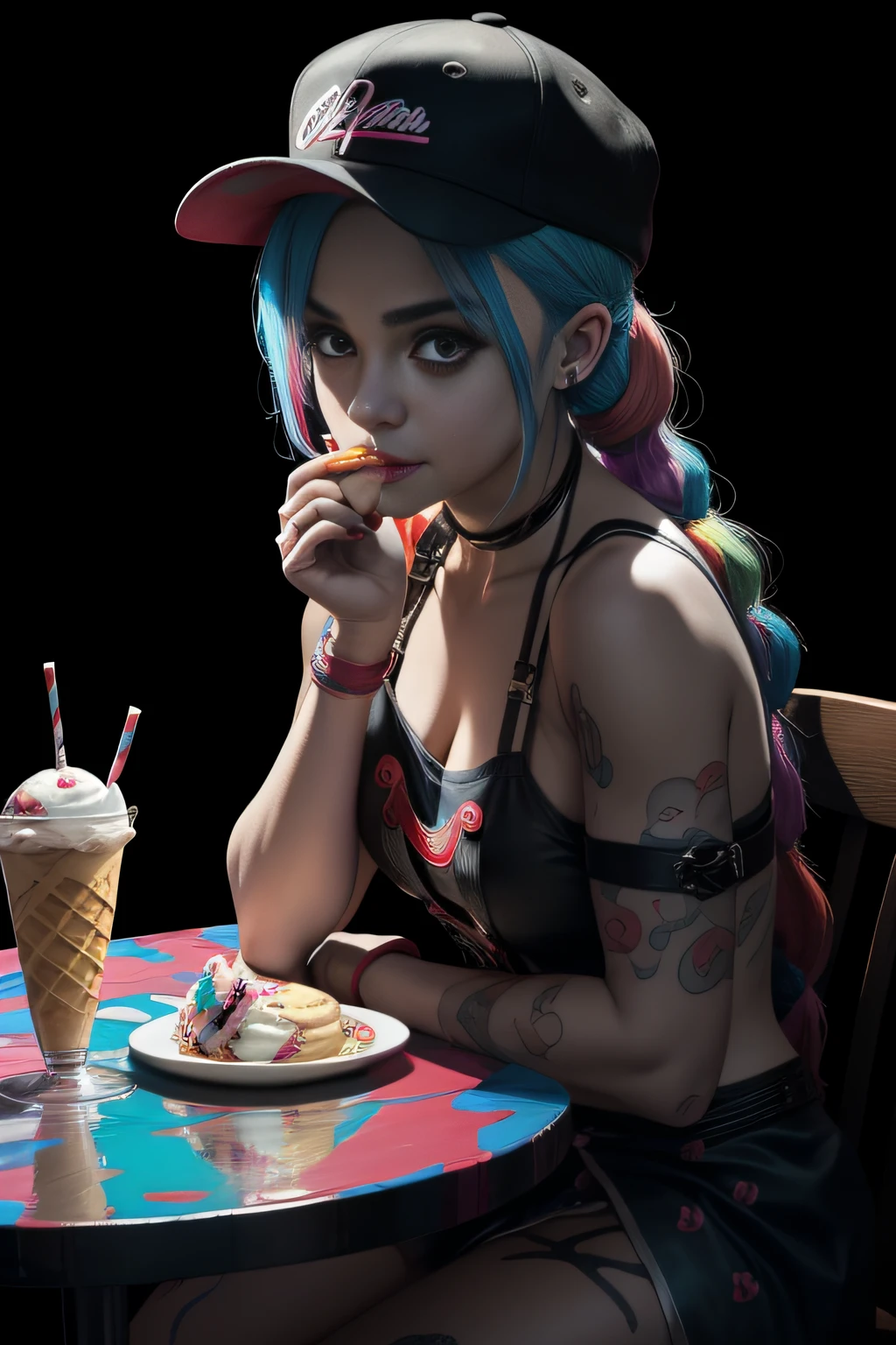 anime, beauty harley quinn wearing hat and chef outfit, looking at camera, sitting at table eating ice cream, ice cream parlor around, full body, top view angle, perfect hands and fingers, highly detailed painting, rich colors, high contrast, atmosphere gloomy, dark background.