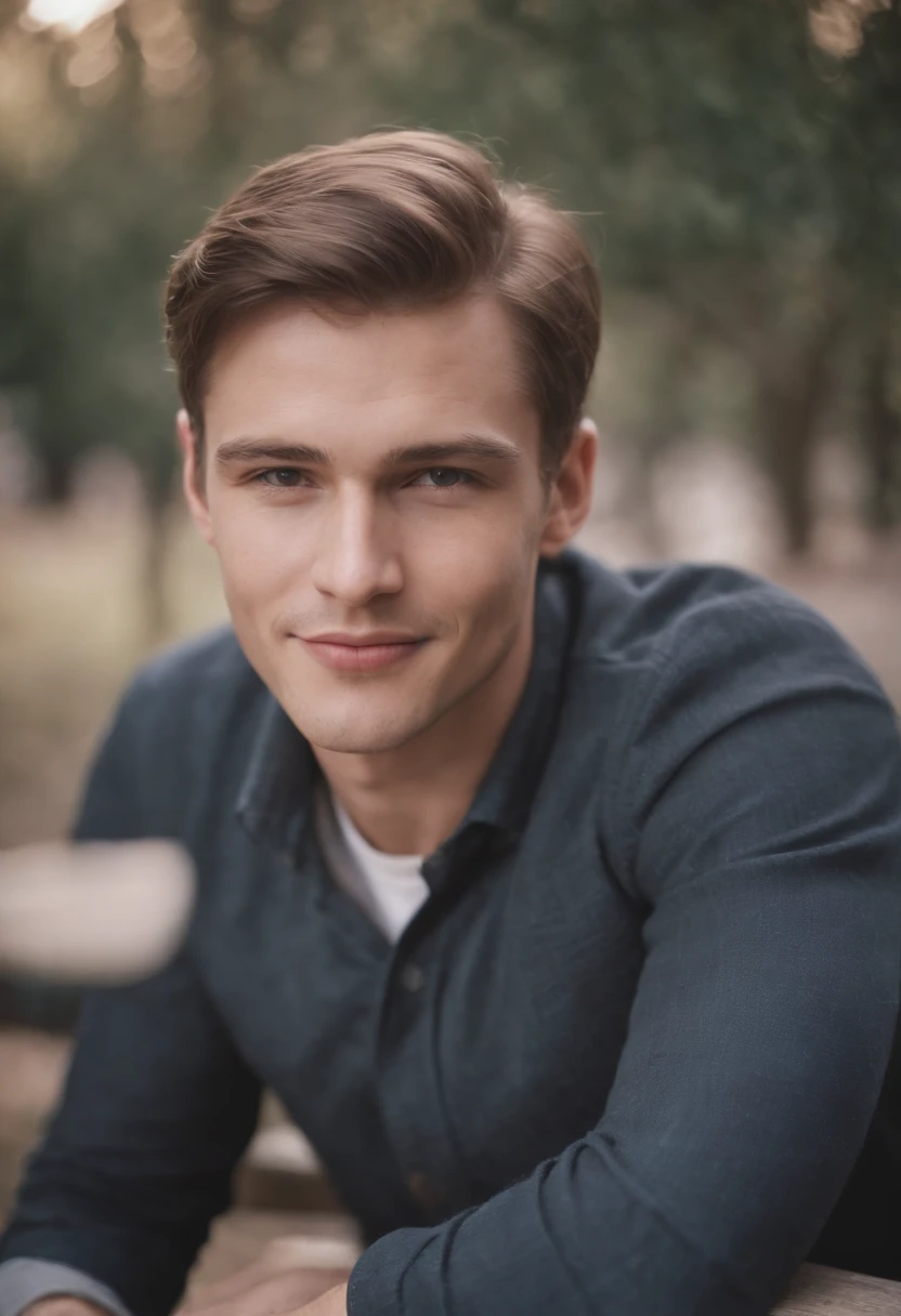 A vintage grainy low quality realistic photograph in the 60s, a handsome young James man smiling, sitting on a bench, 60s quality,1960s grainy quality, poor quality, worst quality, Male, Man, hot MAN, JAMES IS A MAN NOT A WOMAN