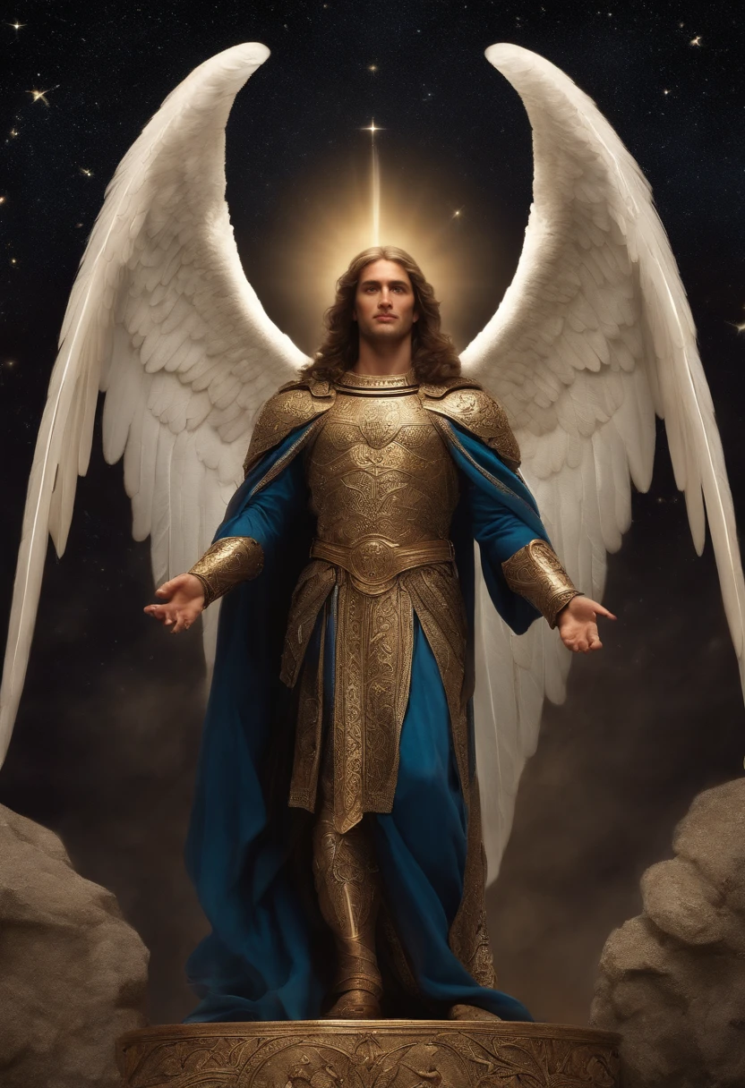 um personagem masculino, anjo olhos vermelhos e um sorriso debochado , imagem celestial, detalhes intricados, realista, asas PRETAS e grandes, fundo angelical, l, Male character of the Bible, Michael is wearing his dark armor , cosmic background, Illumination in the Archangel and in the background, imagem do corpo todo do anjo, Maximum detail and his diabolical face and wings, pele perfeita realista, Maximum image quality,fortes e chamativas. lucifie antes de ser demonio