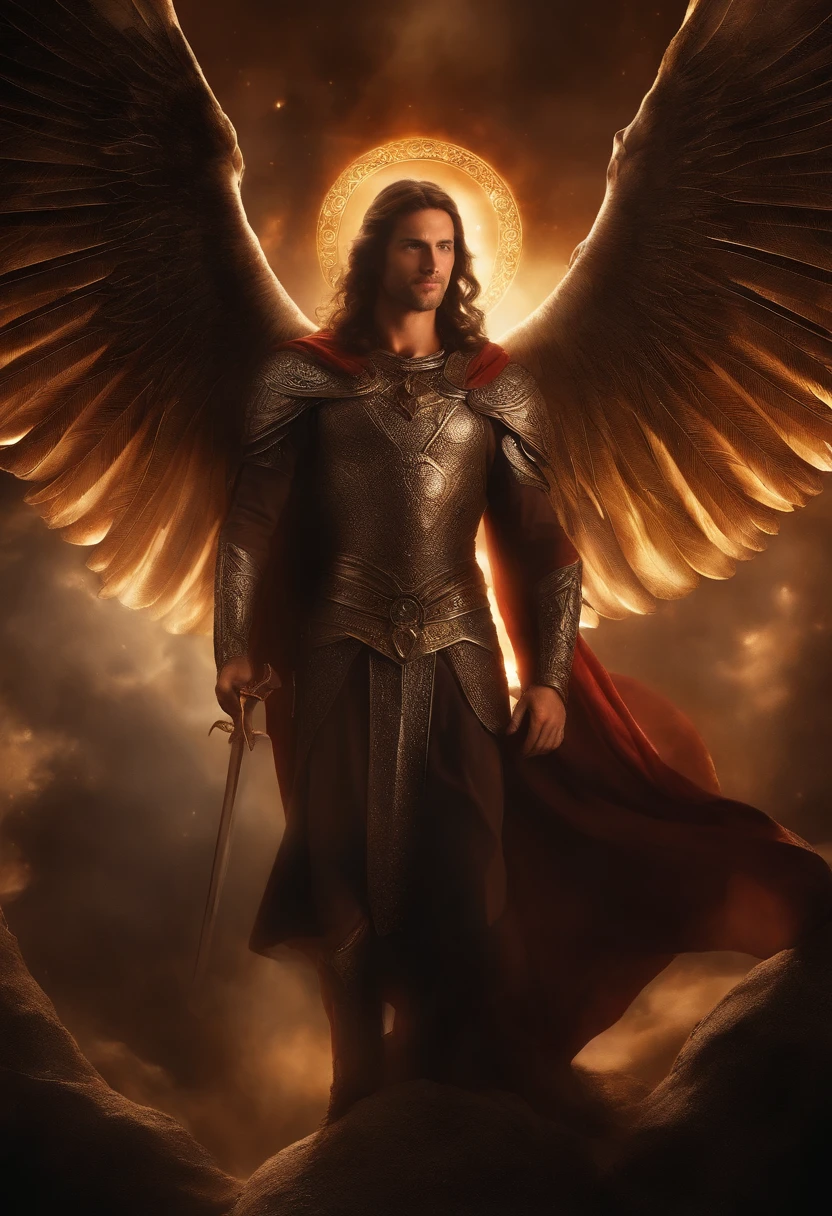 um personagem masculino, anjo olhos vermelhos e um sorriso debochado , imagem celestial, detalhes intricados, realista, asas PRETAS e grandes, fundo angelical, l, Male character of the Bible, Michael is wearing his dark armor , cosmic background, Illumination in the Archangel and in the background, imagem do corpo todo do anjo, Maximum detail and his diabolical face and wings, pele perfeita realista, Maximum image quality,fortes e chamativas. lucifie antes de ser demonio