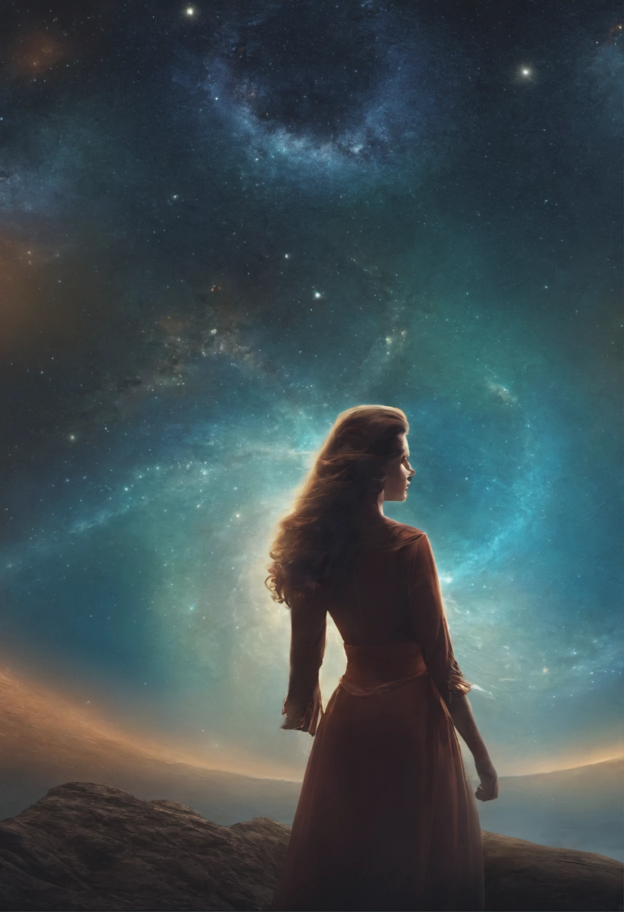Someone connected with the universe.
Create an image of an individual deeply connected with the universe, surrounded by cosmic elements that convey a sense of cosmic unity