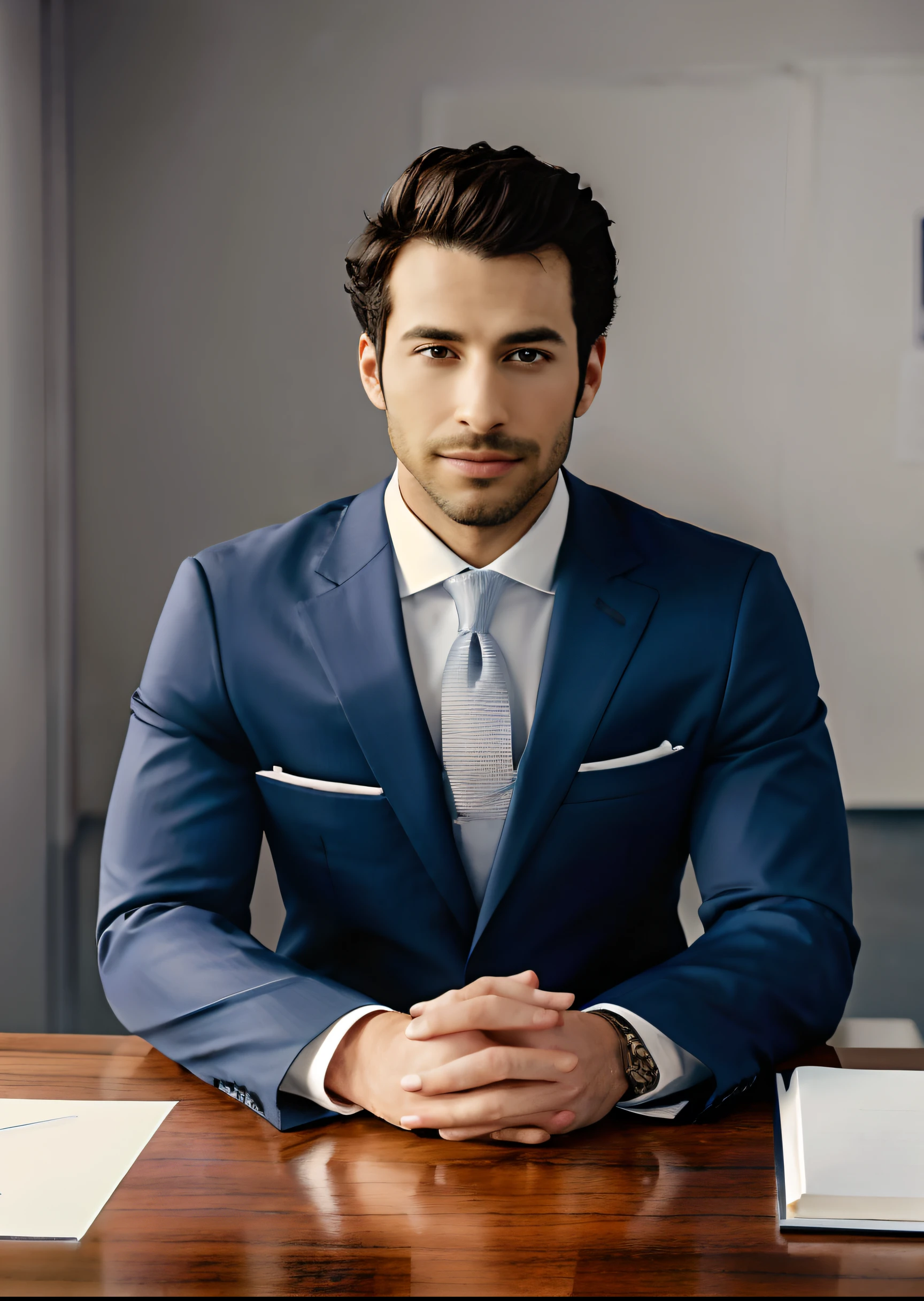 arafed man in white suit and tie sitting at a table, photo of a man, sitting at desk, wearing a doctor suit, corporate photo, handsome man, professional portrait hd, wearing doctors white suit, sitting at a desk, a photo of a man, handsome and attractive, professional profile photo, attractive man, sitting behind desk