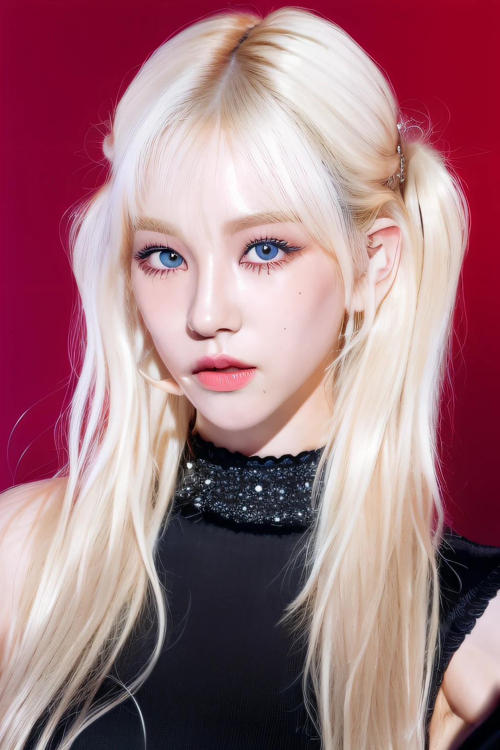(8k, 4k, best quality, highres, ultra high res:1.1), (masterpiece, realistic, photo-realistic:1.1), 1girl, face, close-up, twintails, blonde hair, black eyes, red lips, (looking at viewer:2), absurdly long hair, long eyelashes, eyeshadow, small face, big eyes,
bare shoulders,
high contrast,