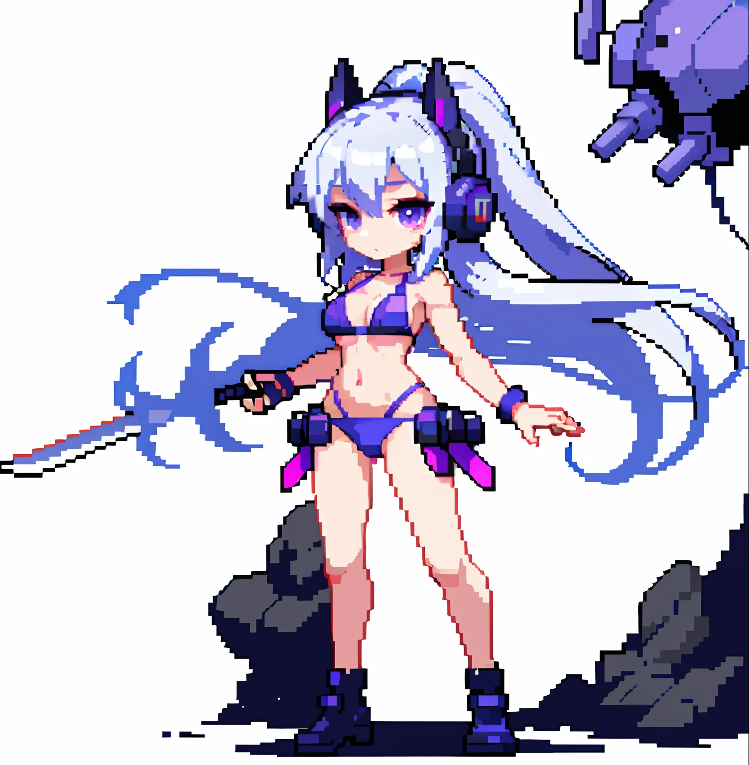 (​masterpiece、top-quality、top-quality)、pixels、Pixel art、hiquality、Girl in bikini swimsuit runs、explosions、loimu、Story、big explosion、Cyber Headphones、Silvery hair、poneyTail、Purple eyes、Super explosion、holds a sword、Street