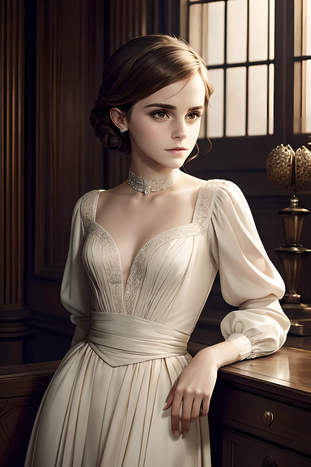 In this portrait, Emma Watson is dressed elegantly, exuding a sense of sophistication and grace. The clothing is well-detailed, emphasizing her personal style and enhancing the overall composition. The lighting plays an essential role in creating a captivating atmosphere, accentuating her beauty and creating a sense of depth.