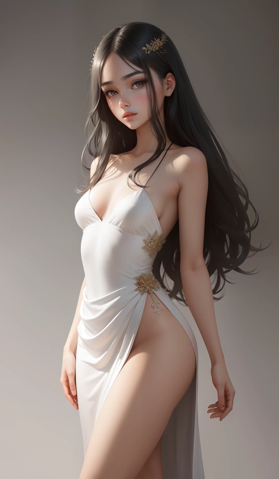 a woman in a long silver solid draped spaghetti dress with flower embroidery, silver high heels, gold flower hair piece, 17 years old, shoulder length slightly wavy hair, ((black hair)) and gleaming detailed vibrant black eyes, slim frame, medium breasts, long legs, beautiful face, small butt size, small feet size, small hand size, perfect hands, scary face, beautiful face, pretty face, hot woman, British woman, cream skin, small soft pink lips , medium breast size, slim figure, standing pose, soft features, cute girl, perfectly framed face, ((soft pink cupids bow lips)), ((black eyes))