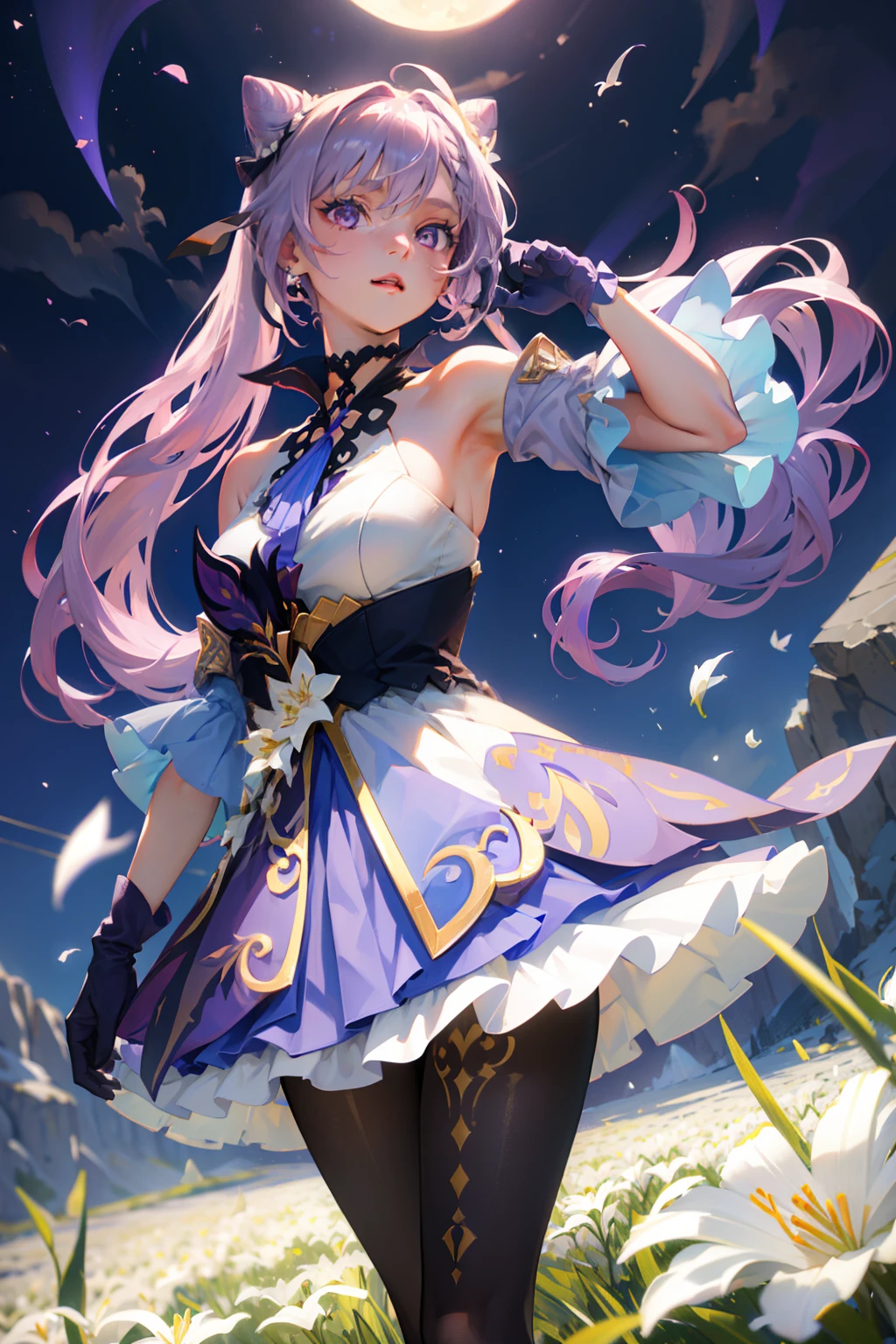 1 girl solo, lavender pink hair, pointy hairbuns, purple eyes, lavender purple white dress, purple collar, purple gloves, dark stockings, flower ornament, dynamic pose, standing on a mountain surrounded by white lily flowers, night sky, moon, ((white lilies)), white flower petals flying around, cinematic shot, cinematic light, iridescent, lensflare, sparkles