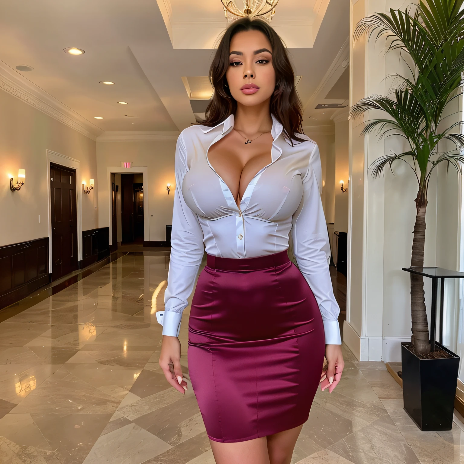 colombian woman, business professional dress, formal dress, collared shirt, classy attire, standing in a historic hotel, enormous silicone tits, pushup bra, thin waist, skinny, tight waist, flared hips, wide hips, miami woman, seductive lady, sexy look, classy outfit, gorgeous latin woman, no tattoos, tetas grandes