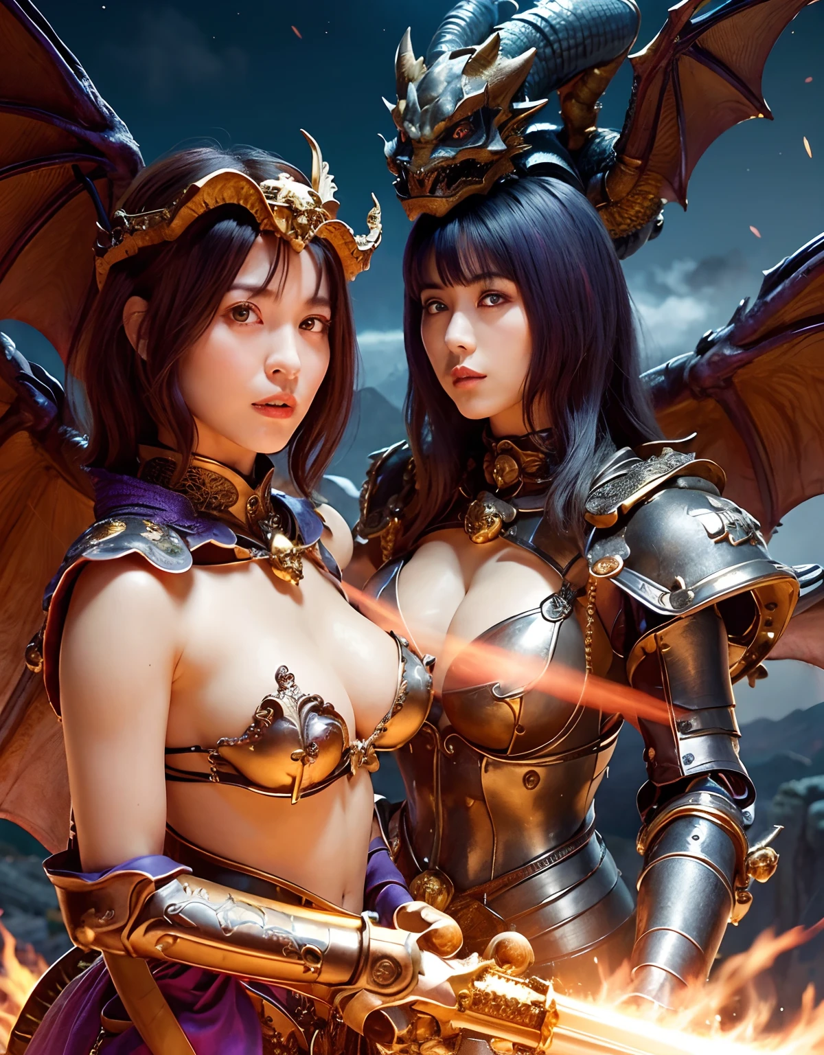 Professional , ​masterpiece、top-quality、photos realistic , depth of fields 、（Dragon Blue Metal Body:1.９),(Enamel purple、（cleavage of the breast）、Mystical expression、Dragon Gold Weapon、（Red Micro Bikini Armor:1.４),Gorgeous gold weapons ,Particles of light、（（ Dragon's dense and gorgeous sword）） , （demonic wings）、（（a blond））、（Castle background）、（（Gangle's forest background））、（（Fight dragons））、Beautiful Caucasian beauty、１a person、dynamic ungle,(((Detailed and ornate dragon helmet)))、Smaller head、A smile、Castle background、Thin and beautiful female hands、cleavage of the breast、Soldier in iron armor on background、Mystical expression、Light Effects、intense fighting、Wind-effect、magic circles、With the legendary magic wand、Dragon's tail、explosions、Anatomically correct body、