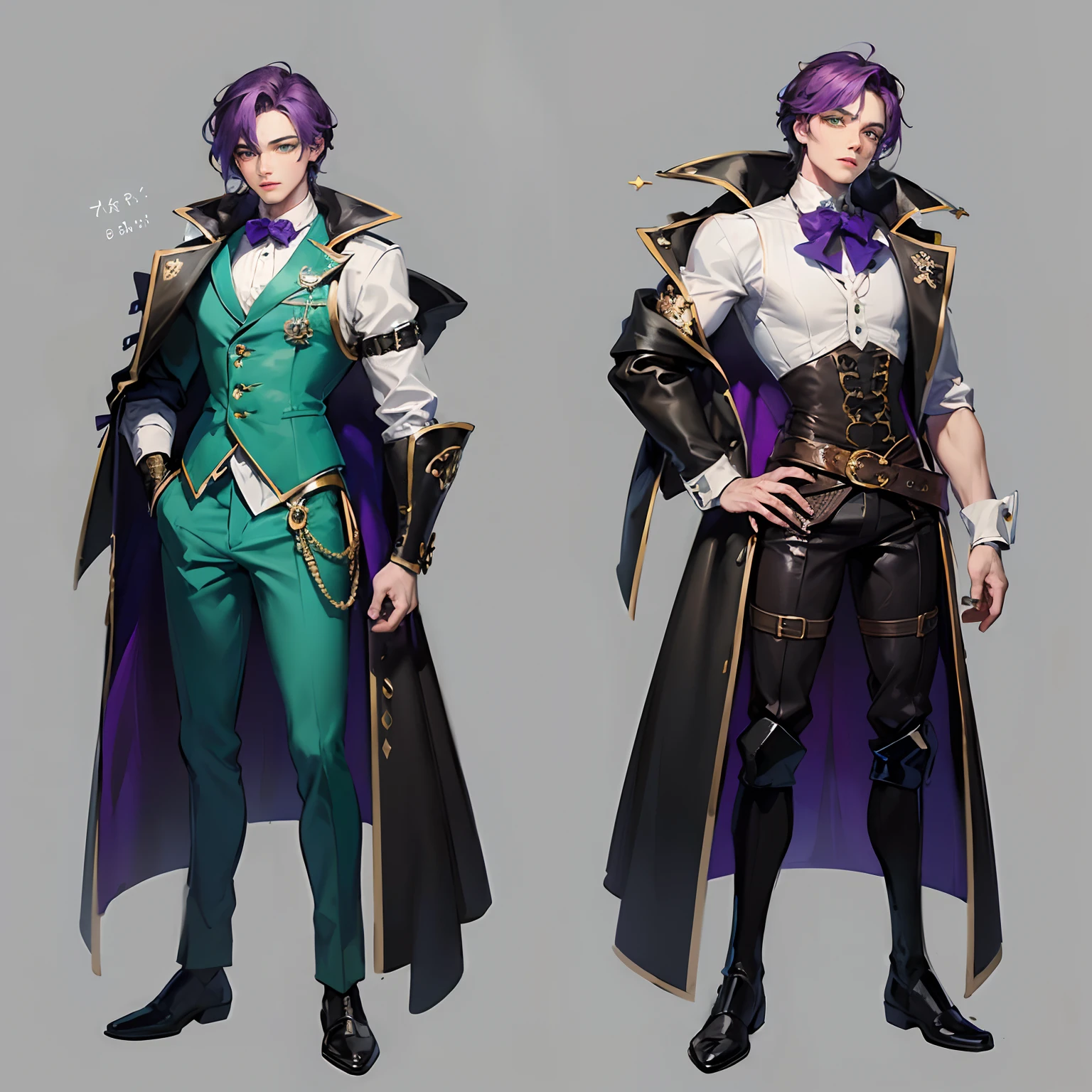 masterpiece, best quality, painting of ((a strikingly handsome and muscular man with short vibrant purple hair and captivating green eyes)), dressed in intricate dark green outfit, casual, Steampunk, vest, exuding confidence, depicted in a dynamic full-body pose