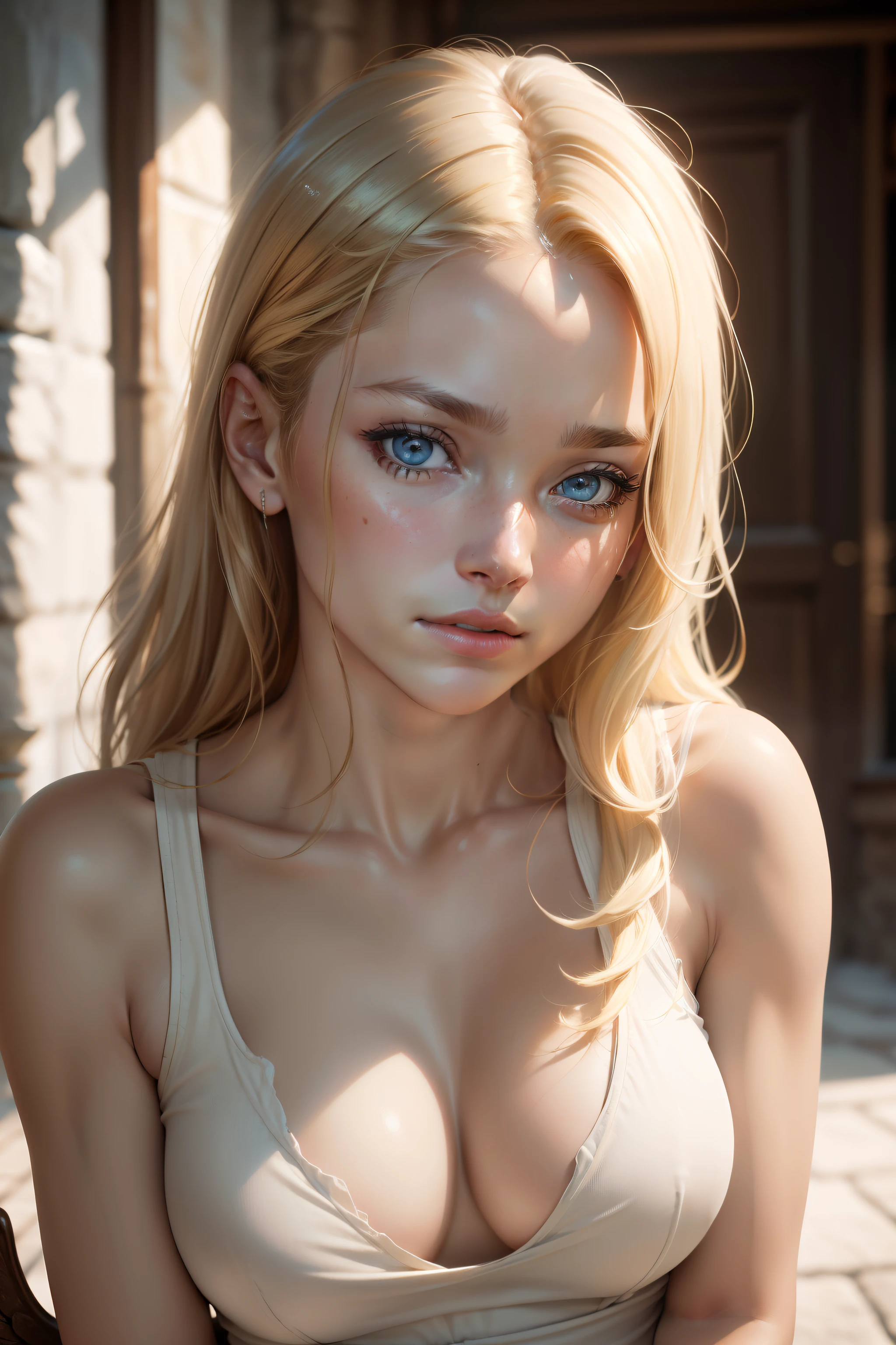 angel, armor gold (masterpiece, best quality, high resolution:1.4), 1girl, angel, skin pores texture, Hair blonde, HD , Photography, movie, cinematic, full Body, Realistic, (8k, RAW photo, best quality, masterpiece:1.2), (realistic, photo-realistic:1.33), best quality, detailed eyes blue, cute,natural lighting, depth of field, film grain, wrinkled skin, sharp, detailed and realistic portrait of a woman ,(freckles:0.5) , outside, wearing a white t shirt, staring at camera, chapped lips, soft natural lighting, portrait photography, magical photography, dramatic lighting, photo realism, ultra-detailed, intimate portrait composition, Leica 50mm,