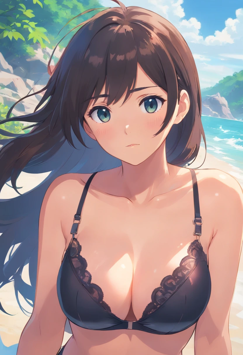 a close up of a woman in a black bra top with a large breast, sie boob, 18 years old, scales on her chest, she is about 2 0 years old, she is about 20 years old, scales covering her chest, she is about 1 , thick neck, 19-year-old girl, gigantic breasts