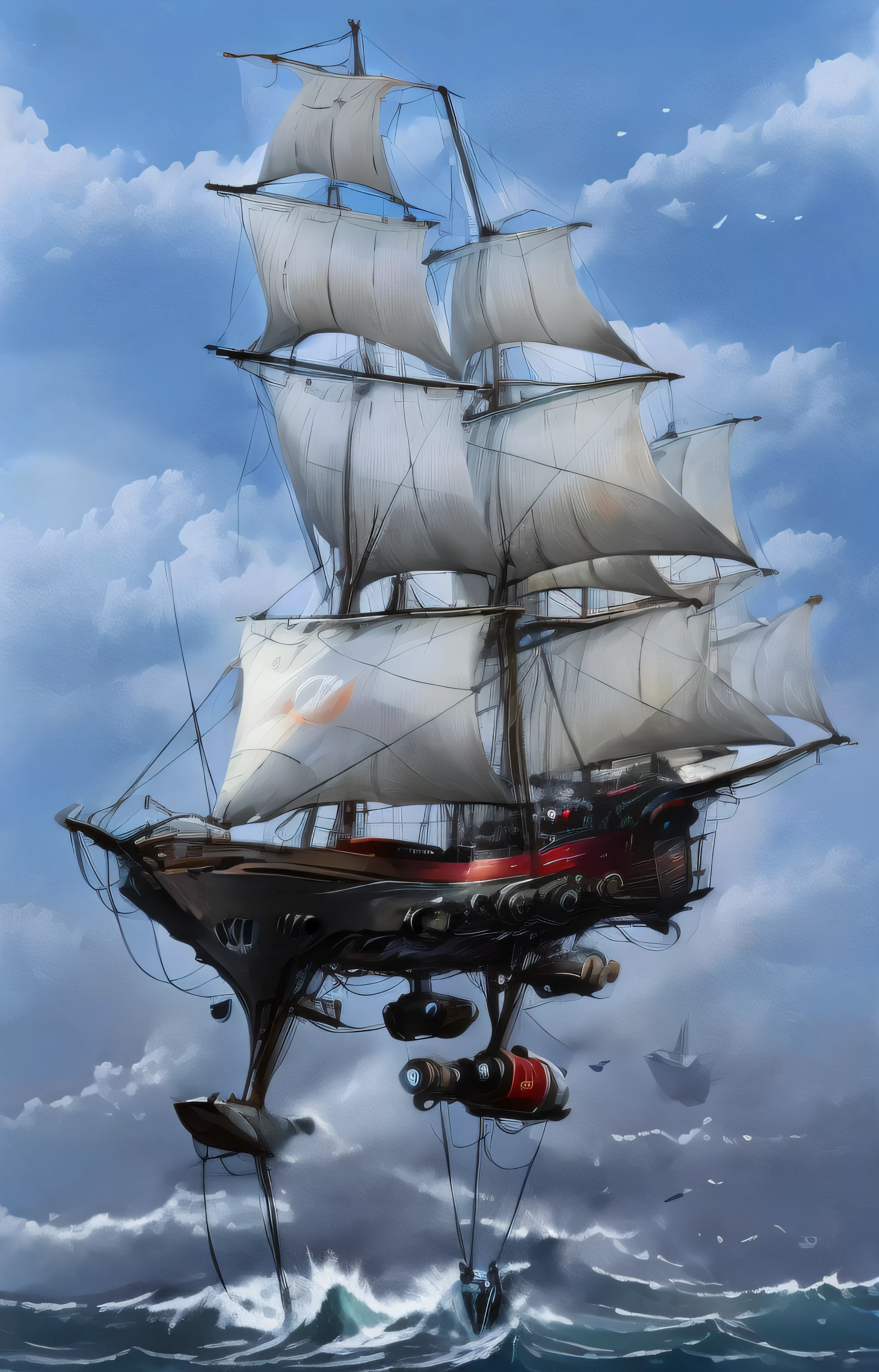Super velero futurista, con casco rojo, It has a multitude of sails and is flying among the multicolored clouds and while down in a very rough sea huge threatening waves crash against the cliffs