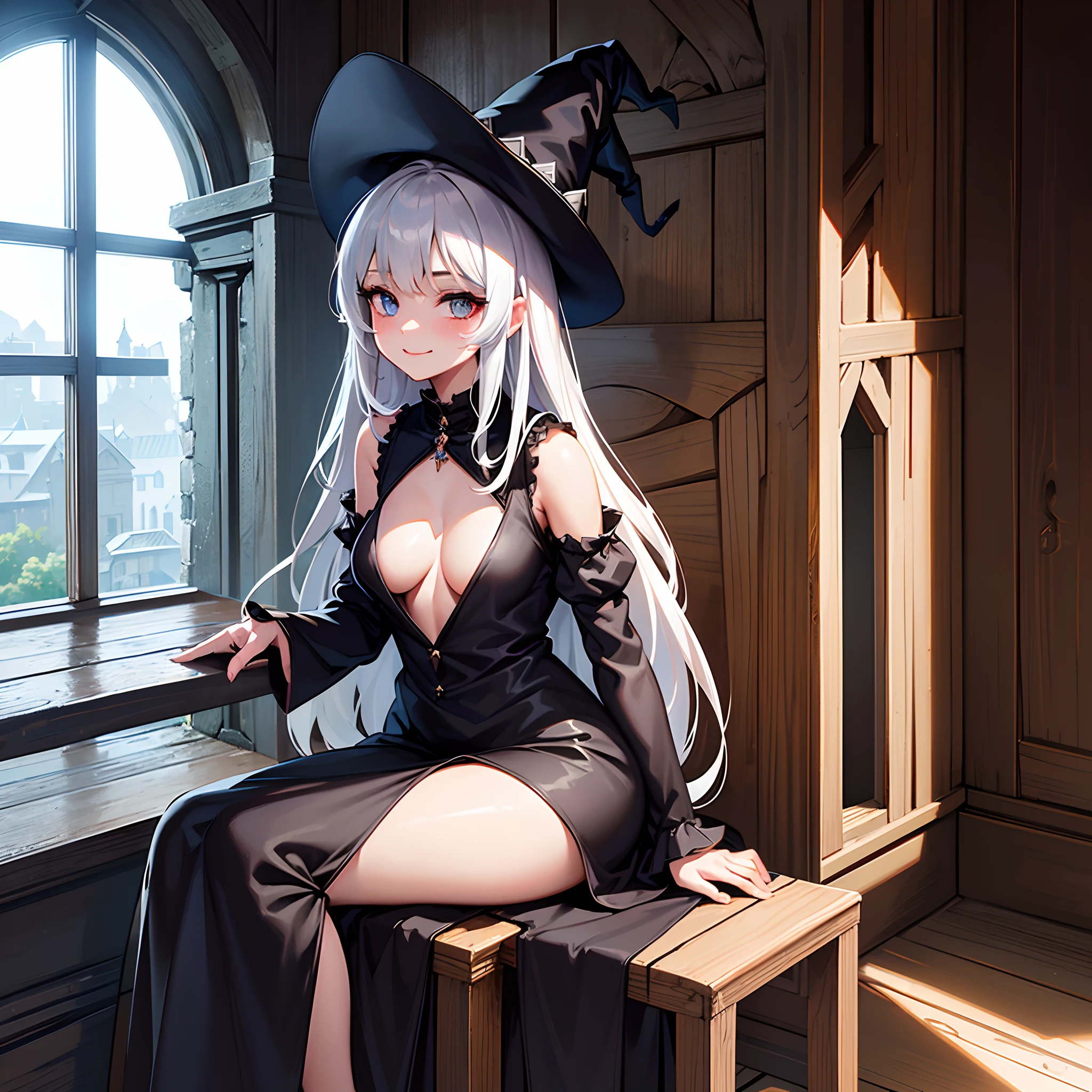 1 girl, solo, witch, whole picture, ultra detailed witch robe, detailed body stocking, grey hair, long dripping hair, heterochromia, long skirt, witch hat, gentle smile, small boob window, huge breasts, sitting, wooden chair, inner room of an old ruined building