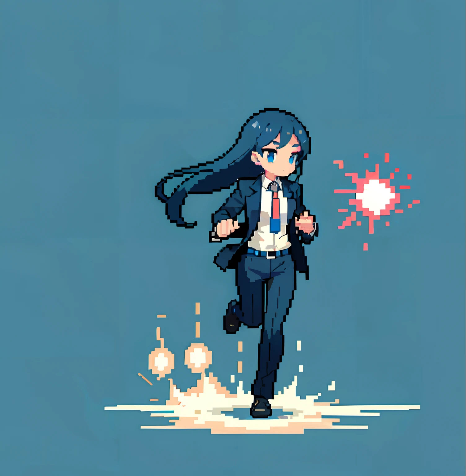(masterpiece、top-quality、top-quality)、pixels、Pixel art、hiquality、hiquality、Girl in formal suit running、explosions、loimu、story