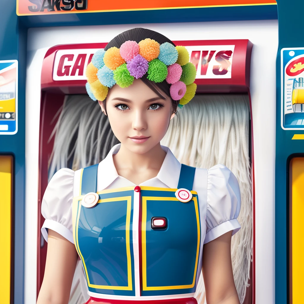 photo of beautiful naked, , wearing kawaii plastic uniform, cowboy shot, hyper realistic, hyper detailed ,4K, Physical Based Rendering, in gas station, car wash machine, pinafore, head piece, sponge in hand --auto --s2