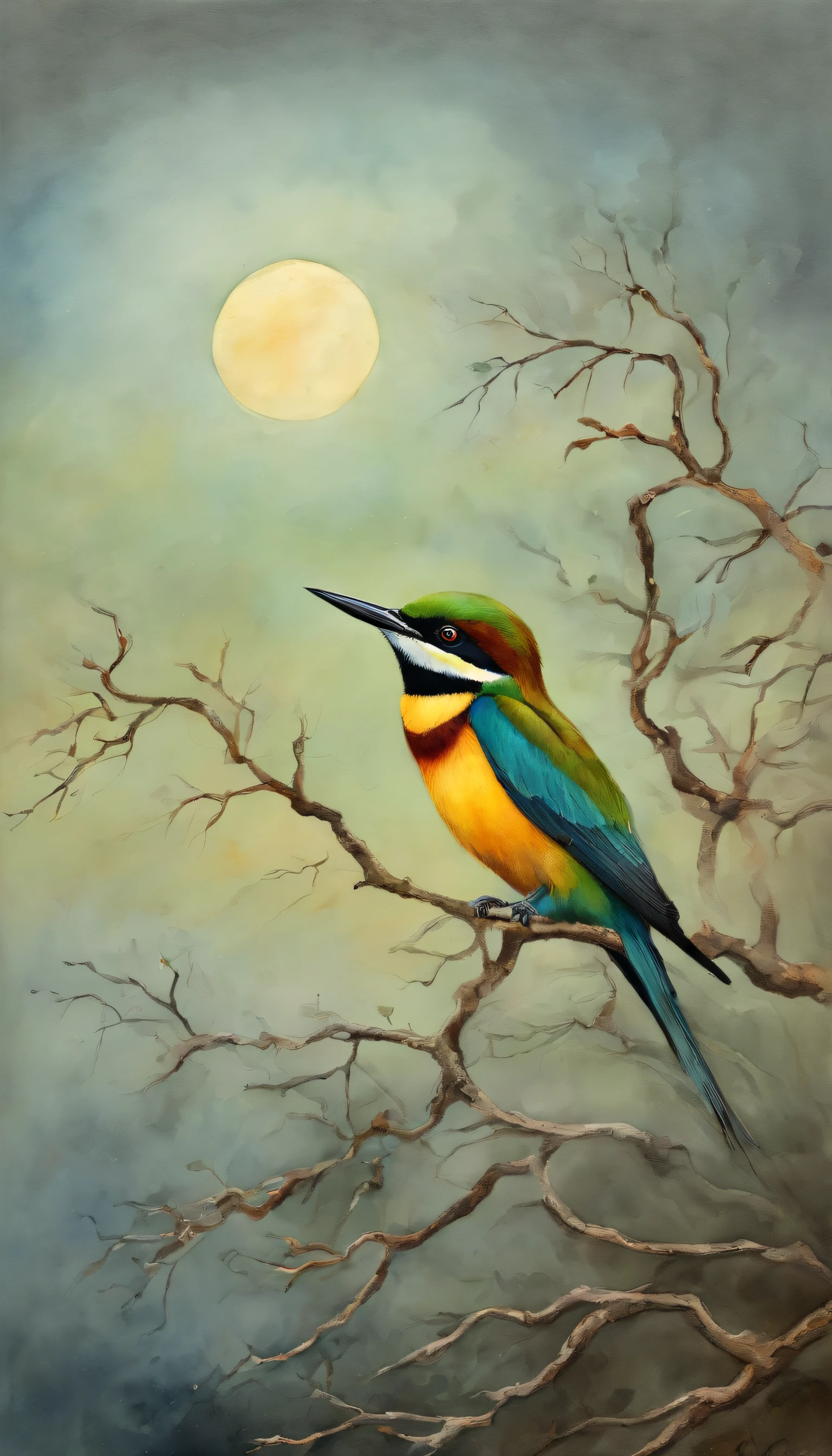 "A fascinating scene of the colorful and graceful European bee-eater perched on bare branches, Projecting a captivating silhouette under the pale moonlit sky."