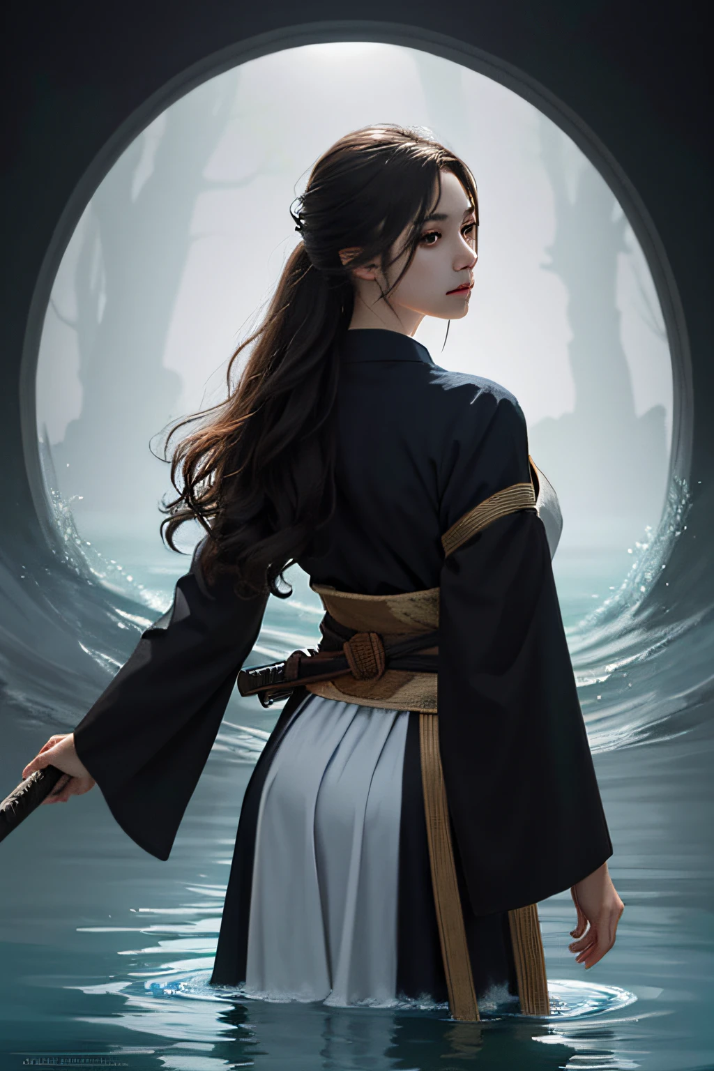 masterpiece, realistic, realism, photorealism, high contrast, photorealistic digital art trending on Artstation 8k HD high definition detailed realistic, 1girl,((water,water ring)), weapon, sword, solo, katana, holding, water, grey eyes, holding weapon, japanese clothes, holding sword, white hair, long hair, kimono, black hair, wide sleeves, long sleeves, lips, cowboy shot, black background, back, parted lips,art by artgerm and ruan jia and greg rutkowski surreal painting,detailed, skin texture, hyper-detailed, realistic skin texture,