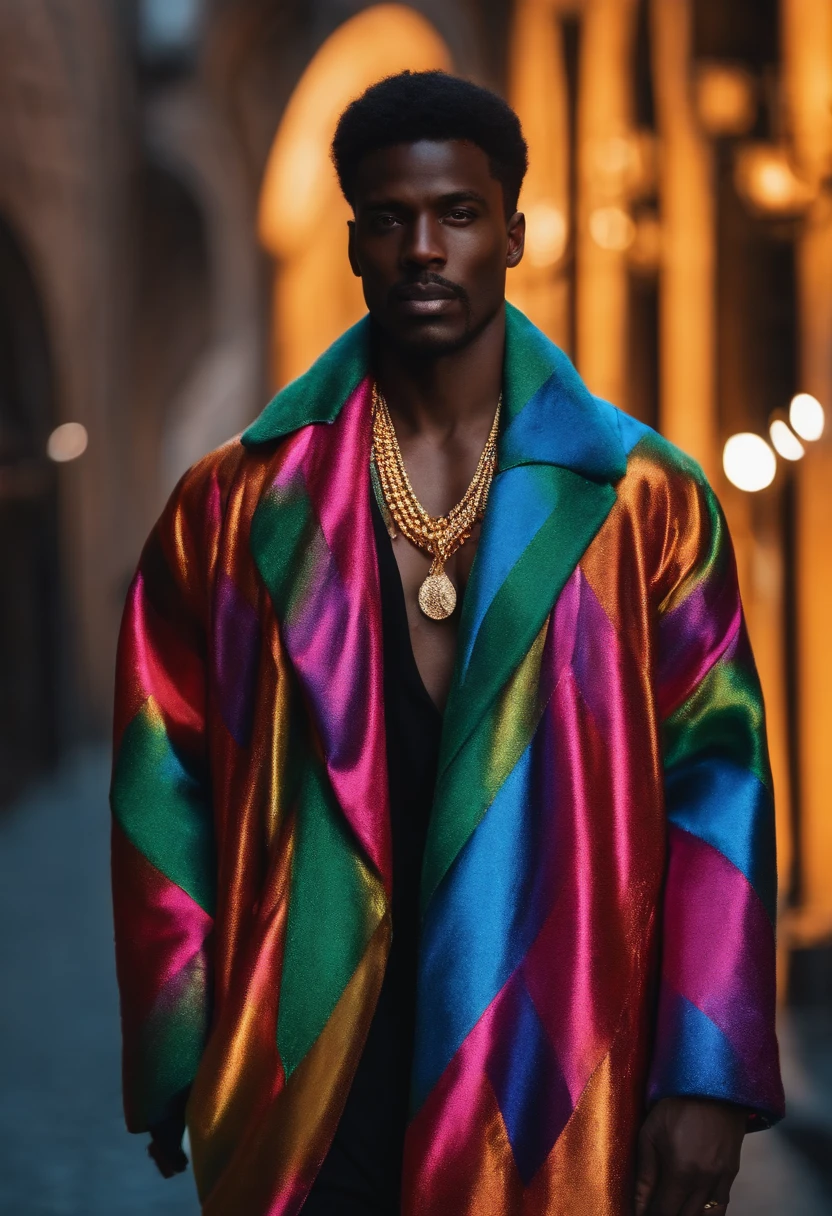 Black man wearing loose clothes in flashy colors, manteau d'hiver, cache cou, brandissant une masse noire avec des feux de circulation