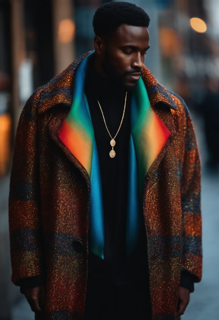 Black man wearing loose clothes in flashy colors, manteau d'hiver, cache cou, brandissant une masse noire avec des feux de circulation