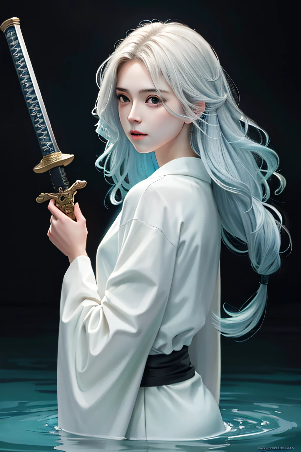 masterpiece, realistic, realism, photorealism, high contrast, photorealistic digital art trending on Artstation 8k HD high definition detailed realistic, 1girl,((water,water ring)), weapon, sword, solo, katana, holding, water, grey eyes, holding weapon, japanese clothes, holding sword, white hair, long hair, kimono, black hair, wide sleeves, long sleeves, lips, cowboy shot, black background, back, parted lips,art by artgerm and ruan jia and greg rutkowski surreal painting,detailed, skin texture, hyper-detailed, realistic skin texture,