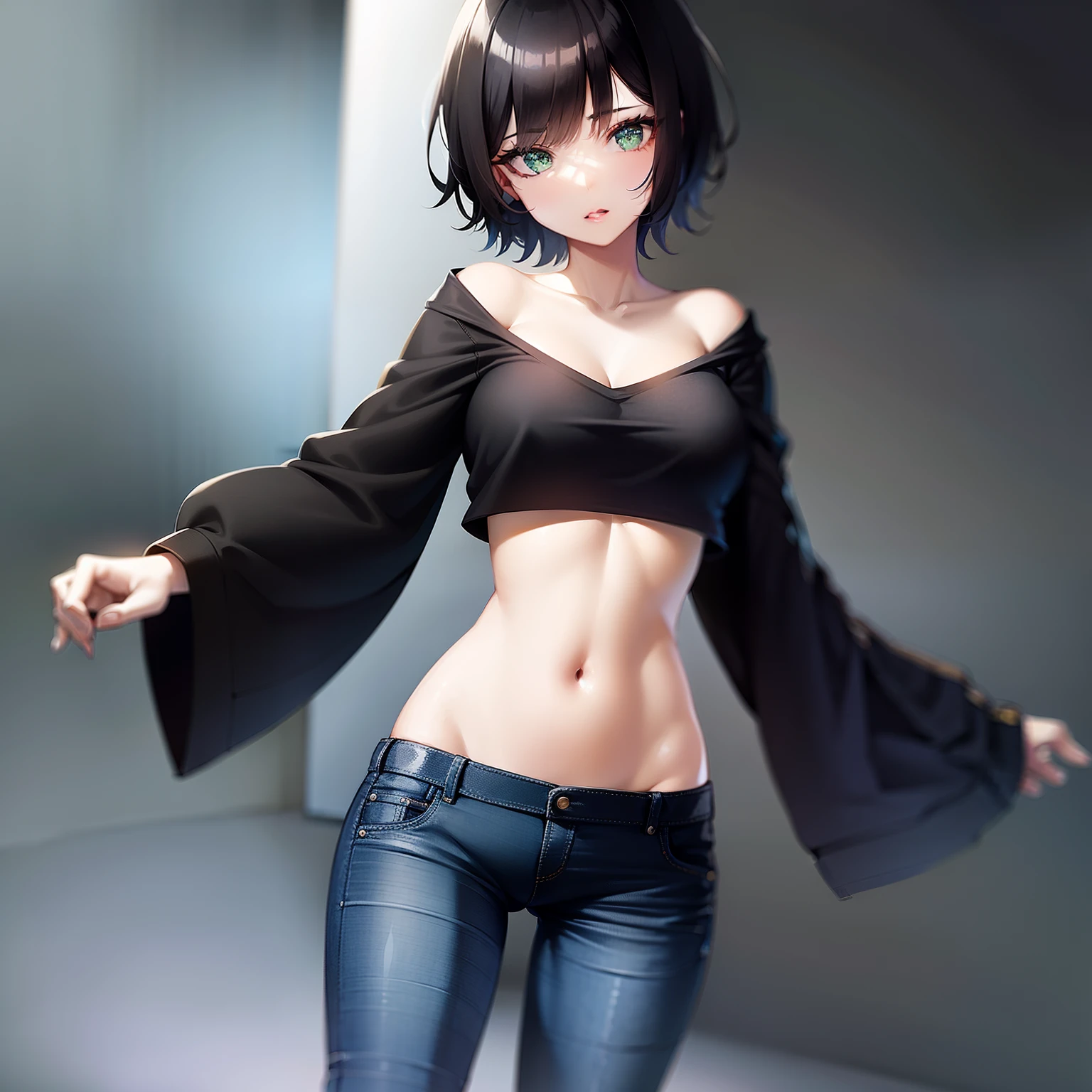 mulher, olhos amarelos intensos, cabelos curtos, cabelo pequeno, cabelo curto CABELO azul claro, Elegant black outfit with a black top and short shorts also black, curvas delicadas e peitos discretos. =