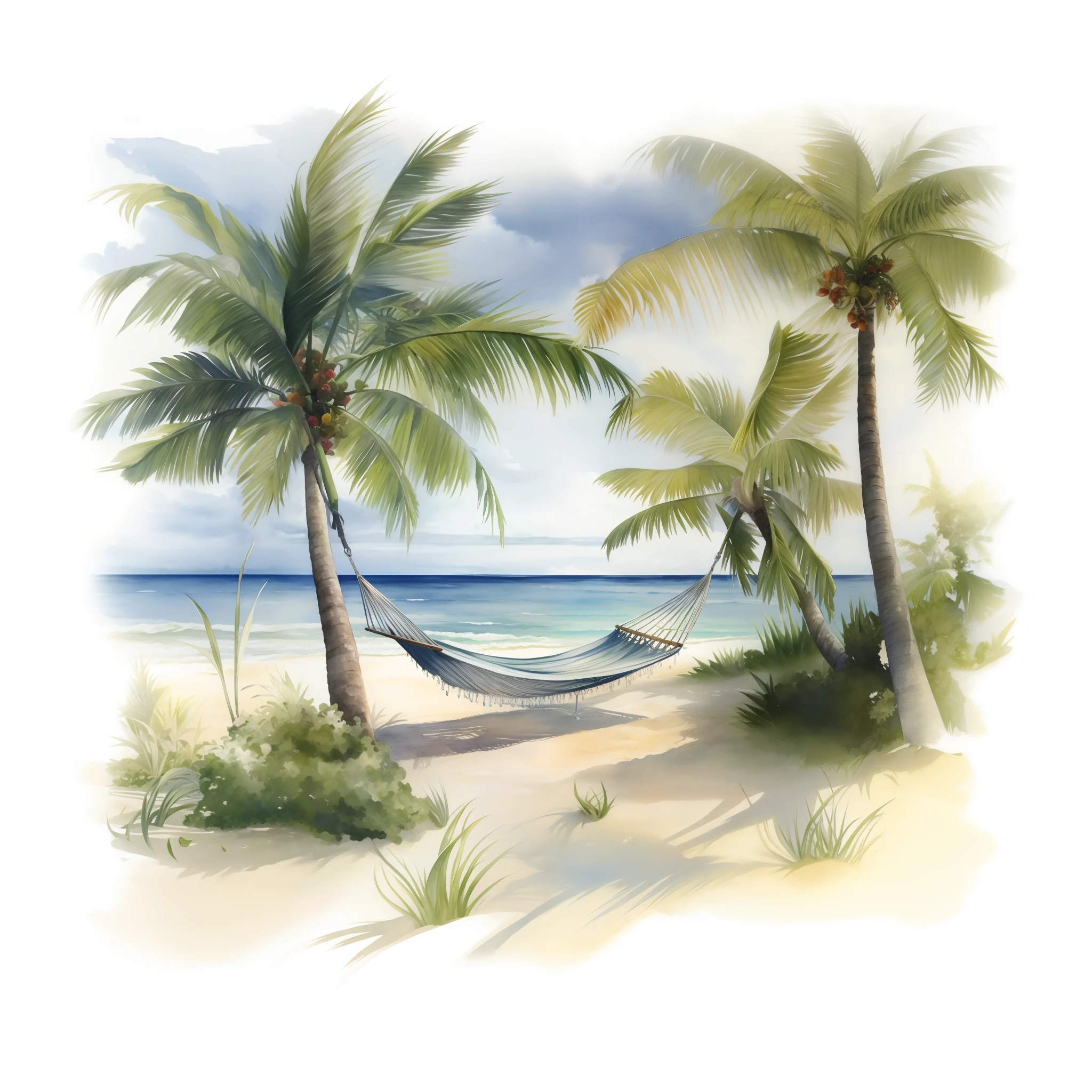 pintura de uma rede entre duas palmeiras em uma praia, watercolor artwork of exotic, Directed by: John Clayton Adams, Directed by: Elaine Hamilton, serene beach setting, pintura calma e contente, atmosfera tropical, Dia tranquilo, Beachfront, paisagem tropical, Directed by: Nancy Graves, Directed by: Paul Bodmer, beach setting, rica aquarela, tropical beach paradise, praia tropical, Directed by: Kathleen Allen