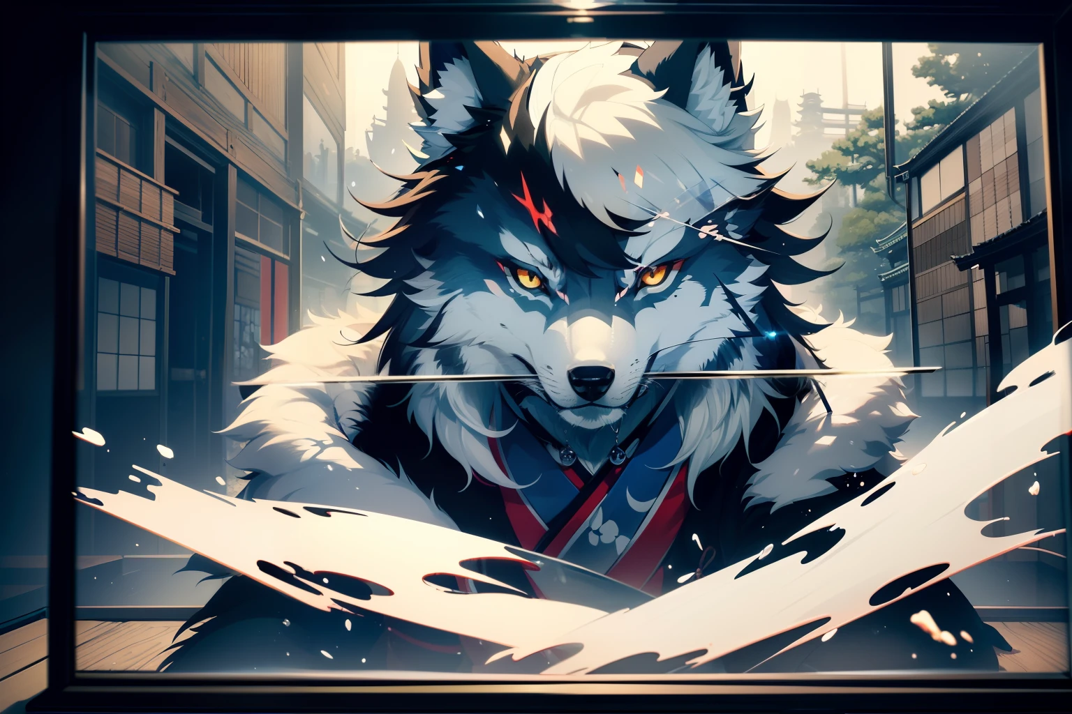 (fused japan ink and relational art in azure clear glass case in canvas:1.4), (neo japan inspired:1.1), (dark palette ink gray wolf:1.3), sharp fangs, sharp clear blue eyes, (beautiful soft fur:1.1), tonal contrast, 16k, hyper real, intricate detailed, texture, twilight hour, catchlight, insane details, (beautiful detailed glow:1.2), (extremely finely detailed:1.1), epic high quality, insanely beautiful illustration, radiosity,