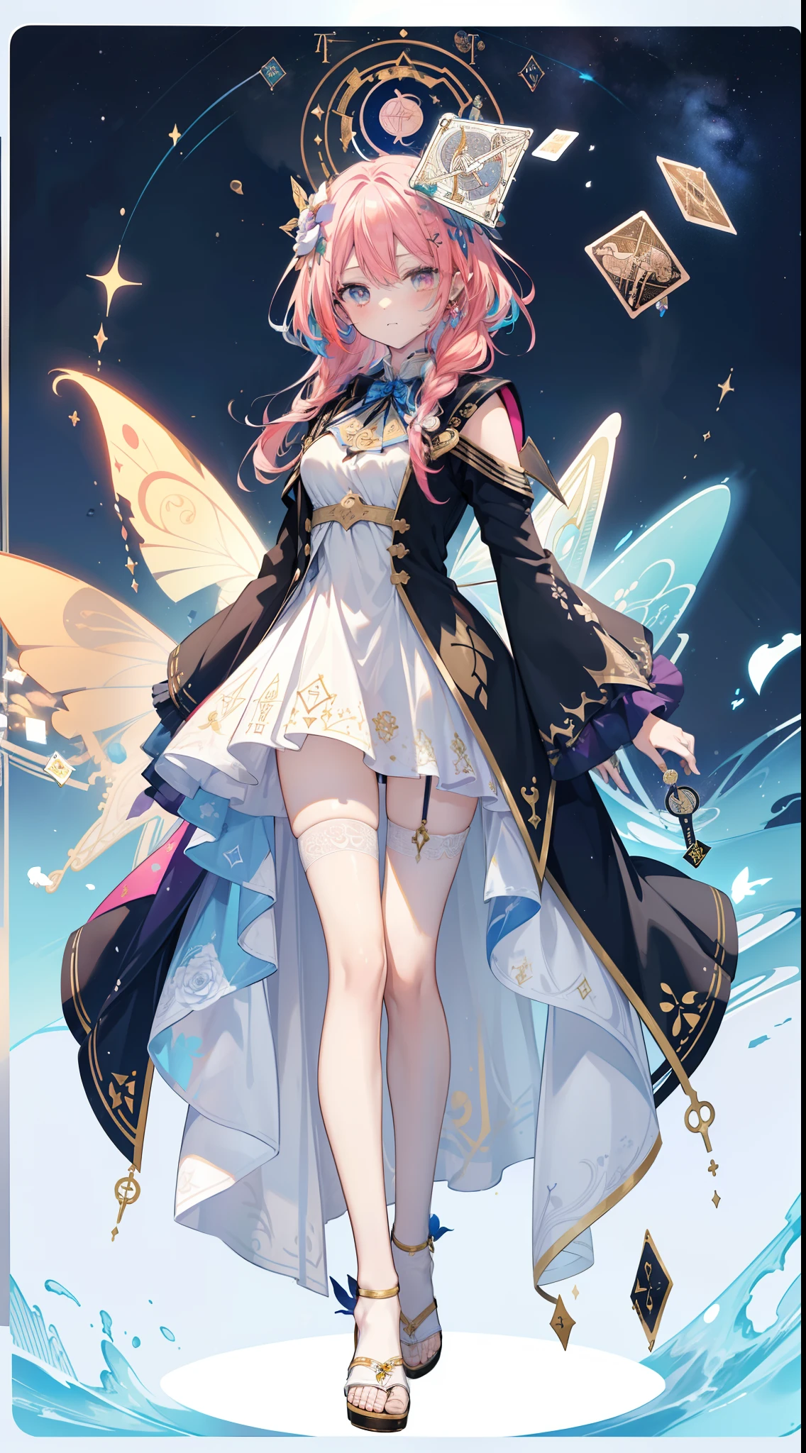 (Golden Ratio: 1.2),(Rose Graffiti:1.2),(Fault Color:1.3),[(White:1.4)::10],(Full-body:1.2),(Ultra Detail:1.3),(Tarot:1.6),(Magician:1.6),(Magician: Tarot): 1.6), (Paper: 1.2), (Fairy: 1.6), (Fairy Wings: 1.2), Full body, standing in the air, (Cool: 1.2), (Red Long Hair),(Butterfly Hair Ornament),( Floral Hair Ornament: 1.0),((Sandals,Rocket)),(Colorful Cocktail Long Dress:1.0)+ (Loose Sleeve Coat:1.3)+(Floating Colorful Tassel and Ribbon: 1.2),(White Stockings: 1.2),(Multicolored Ink Paper Flowers Growing on Face:1.2),(Colorful Flower Sea:1.3),(Chaotic Geometric Image:1.3 ), (Negative space: 0.8), (Drawing board: 1.3), (Ether Colorful Ink Flow: 1.3)