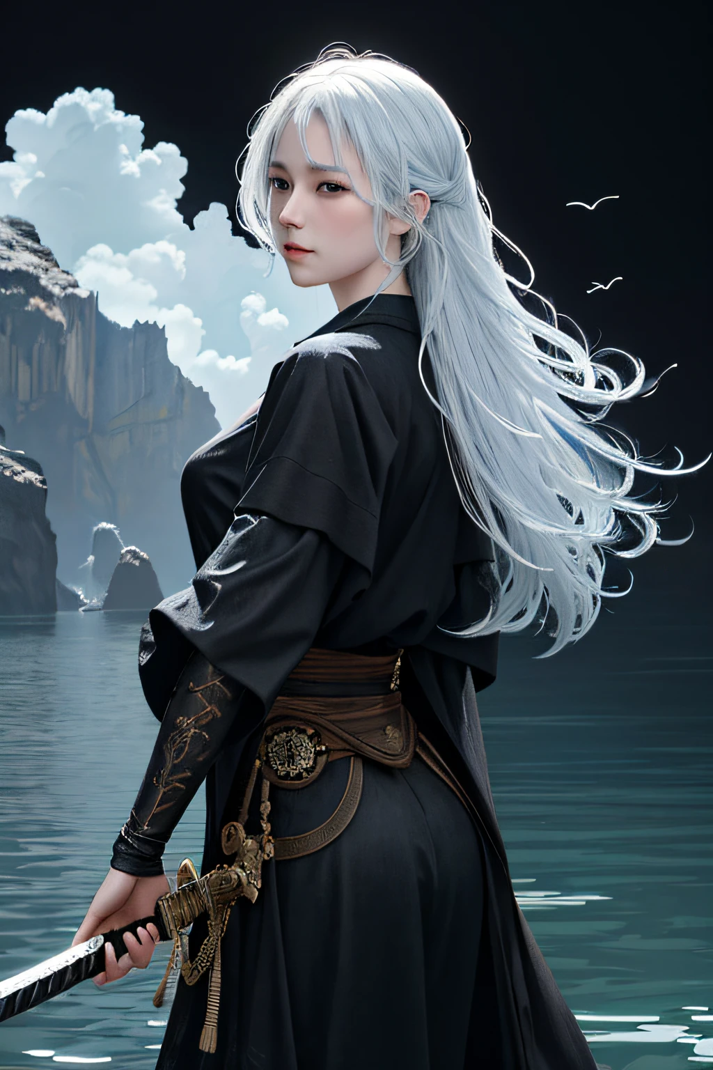 masterpiece, realistic, realism, photorealism, high contrast, photorealistic digital art trending on Artstation 8k HD high definition detailed realistic, 1girl,((water,water ring)), weapon, sword, solo, katana, holding, water, grey eyes, holding weapon, japanese clothes, holding sword, white hair, long hair, kimono, black hair, wide sleeves, long sleeves, lips, cowboy shot, black background, back, parted lips,art by artgerm and ruan jia and greg rutkowski surreal painting,detailed, skin texture, hyper-detailed, realistic skin texture,